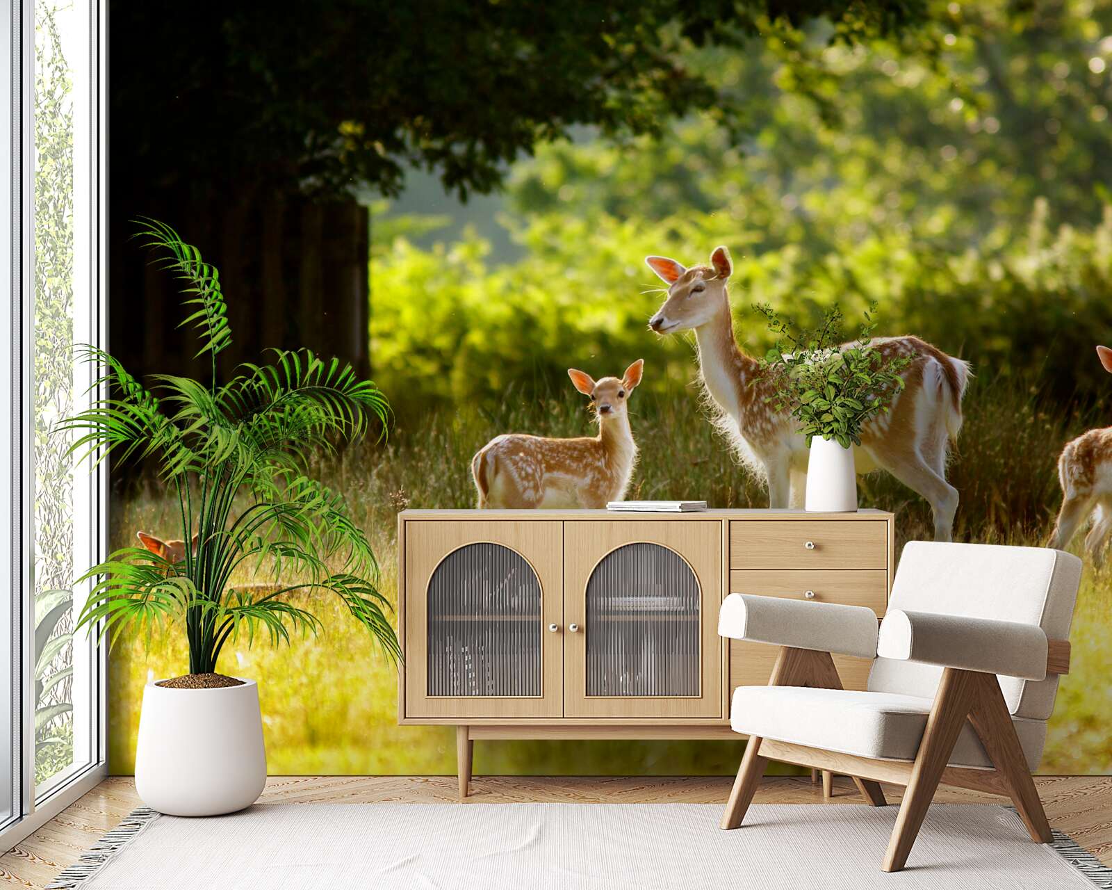 Fotobehang een groep gevlekte herten graast in een veld