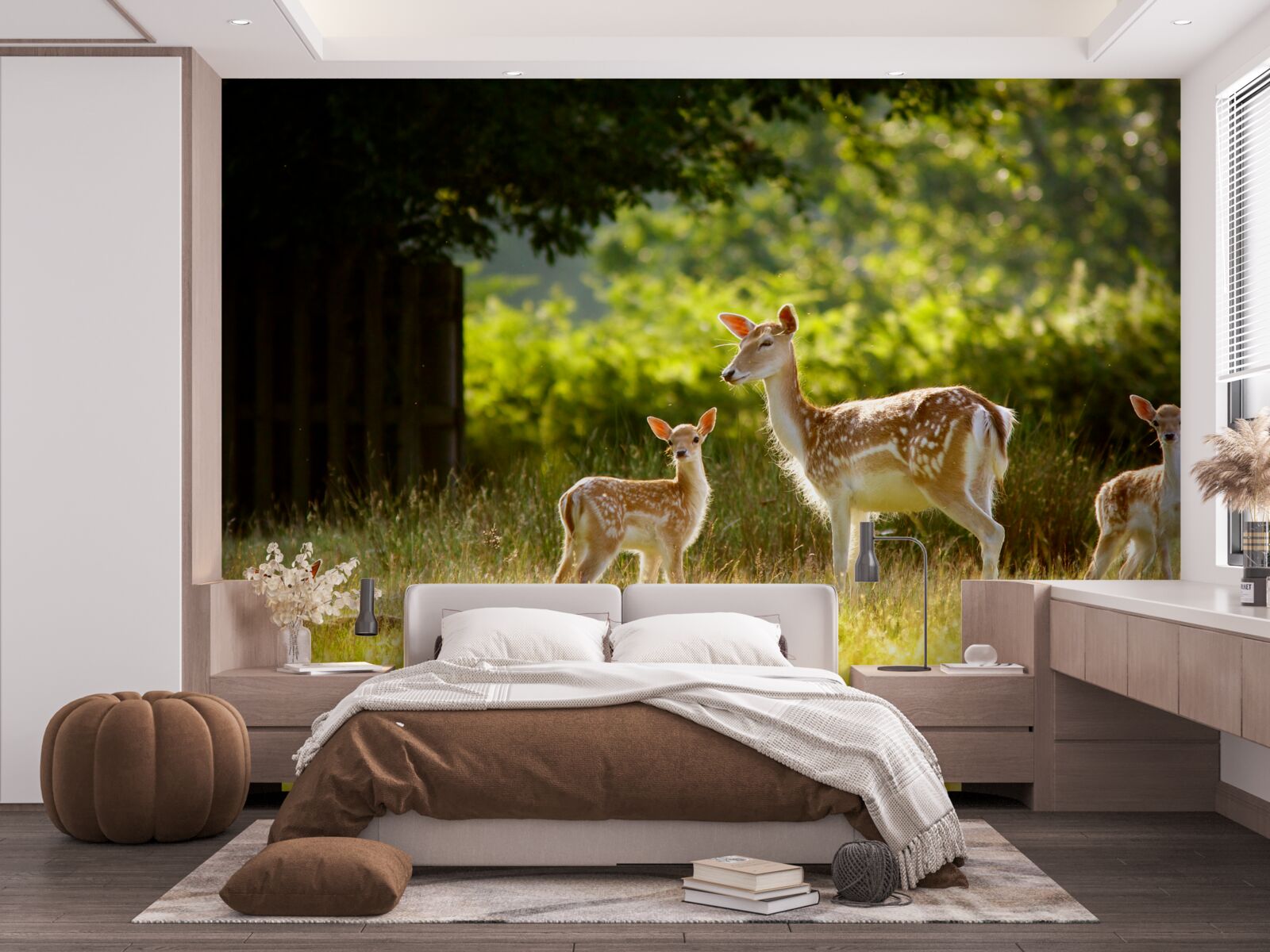 Fotobehang een groep gevlekte herten graast in een veld