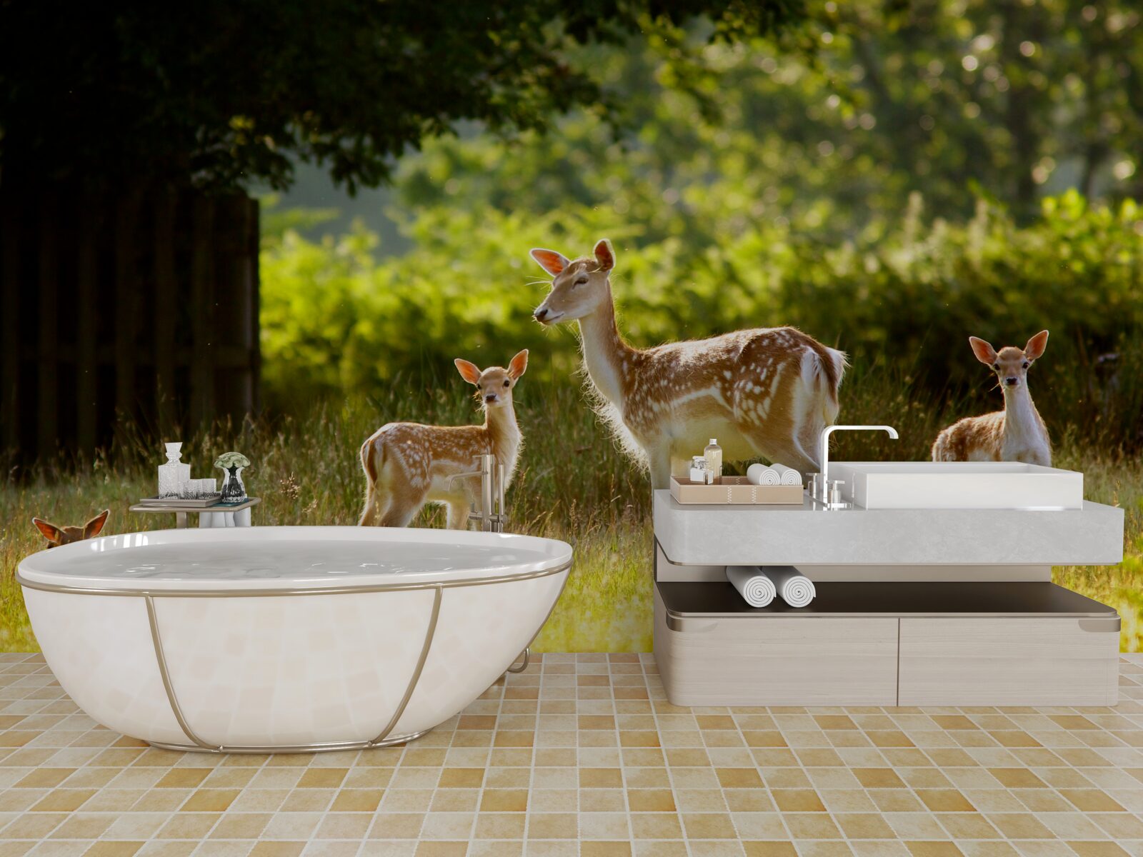 Fotobehang een groep gevlekte herten graast in een veld
