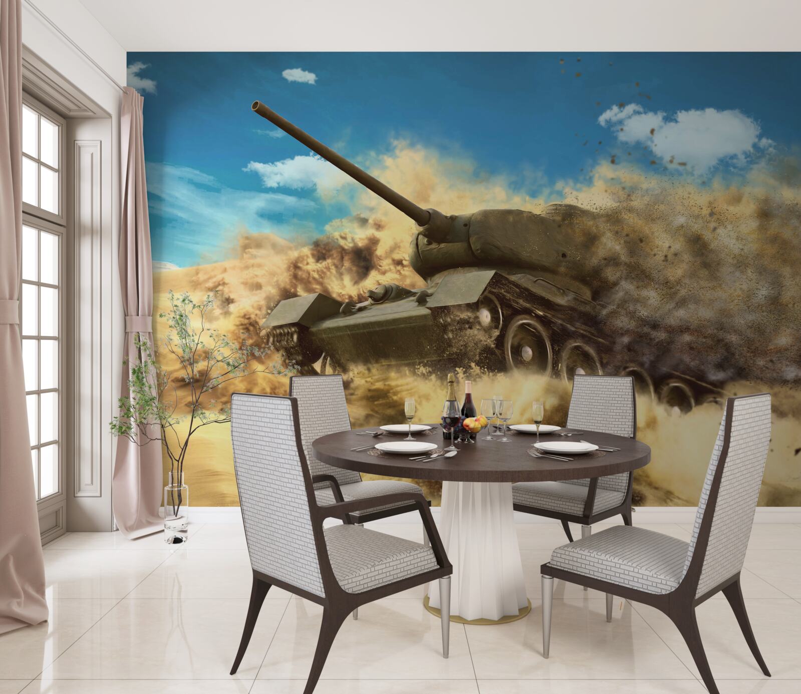 Fotobehang een tank beweegt op een zanderig oppervlak