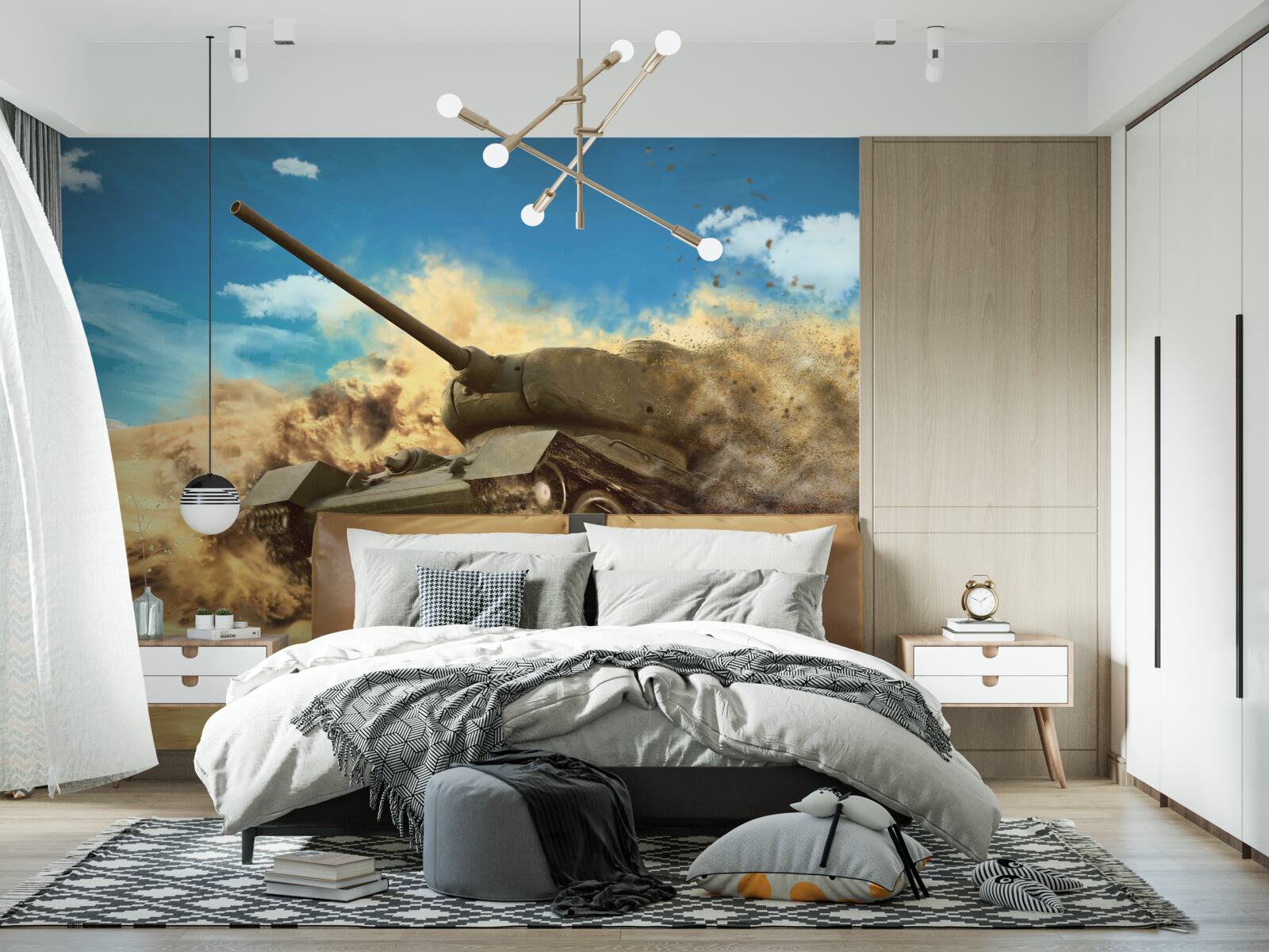 Fotobehang een tank beweegt op een zanderig oppervlak