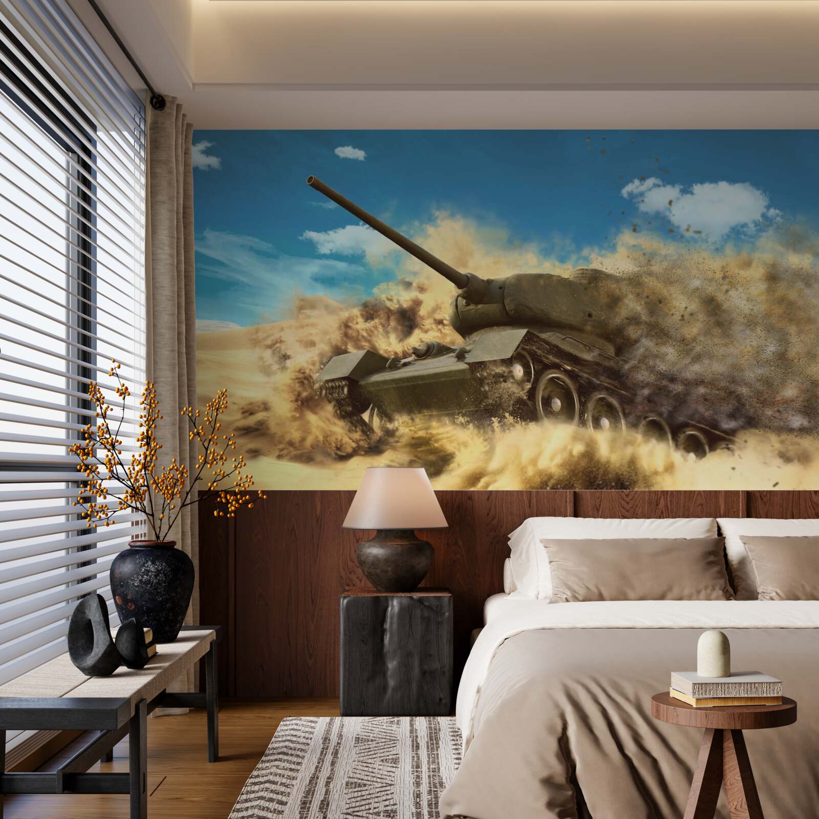 Fotobehang een tank beweegt op een zanderig oppervlak