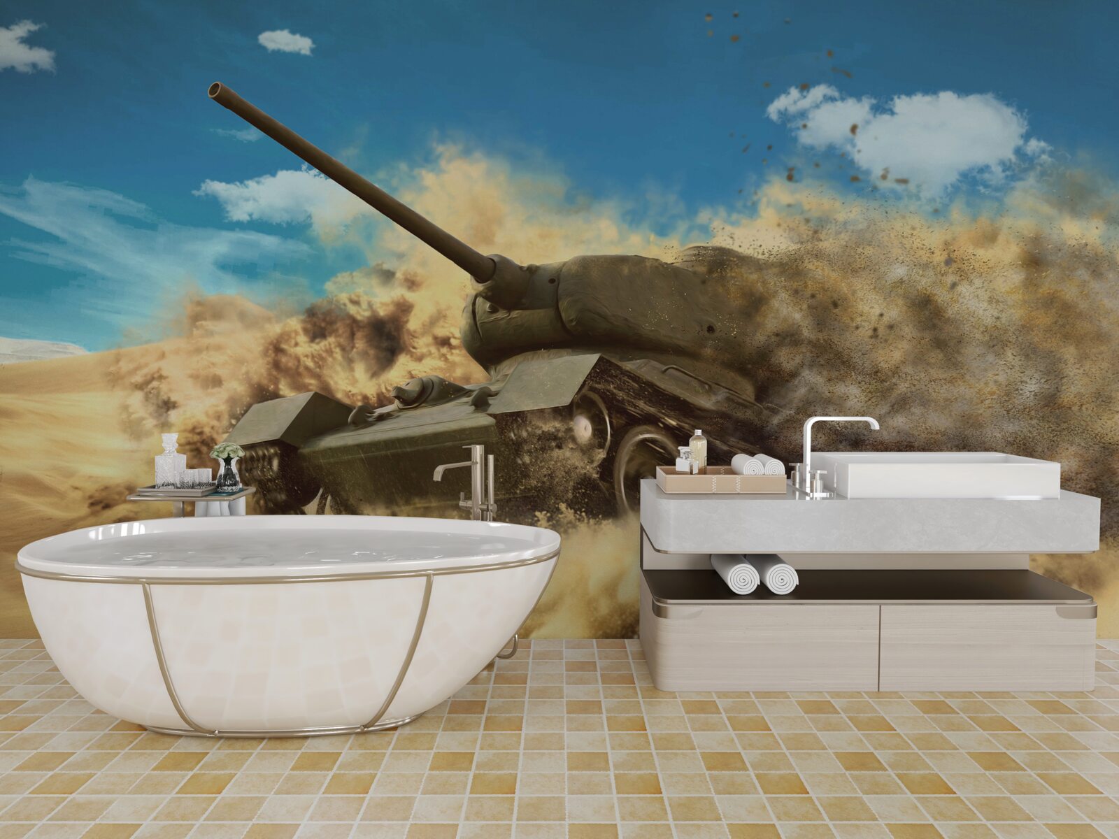 Fotobehang een tank beweegt op een zanderig oppervlak