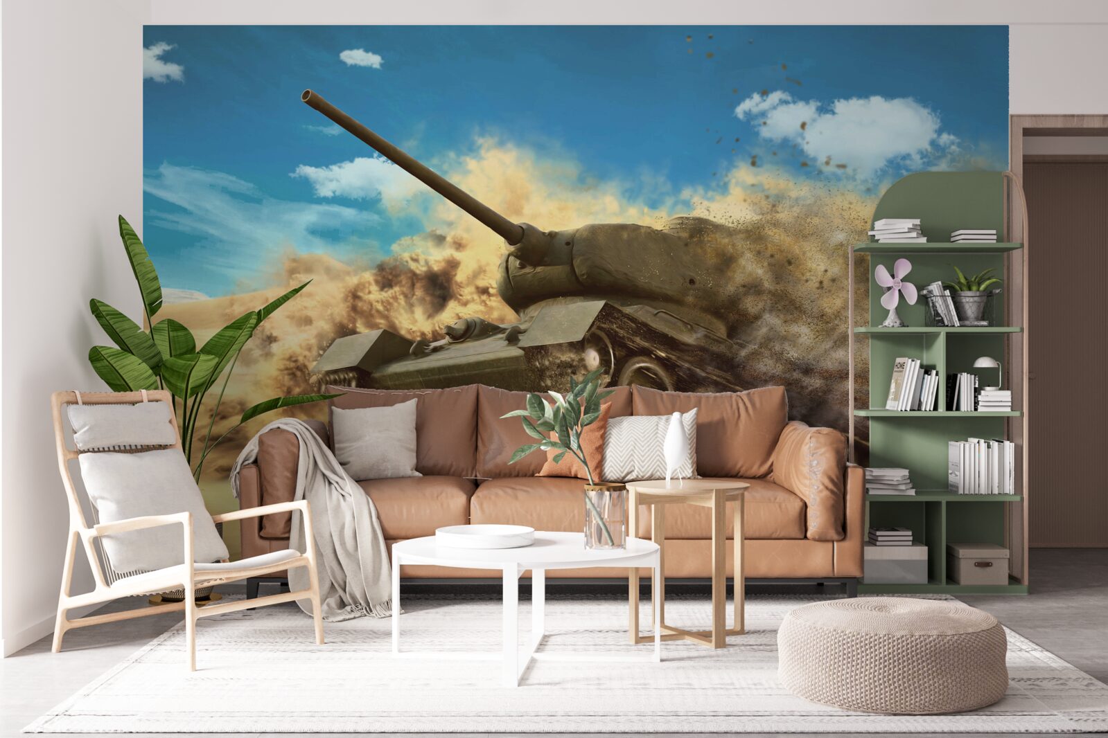 Fotobehang een tank beweegt op een zanderig oppervlak