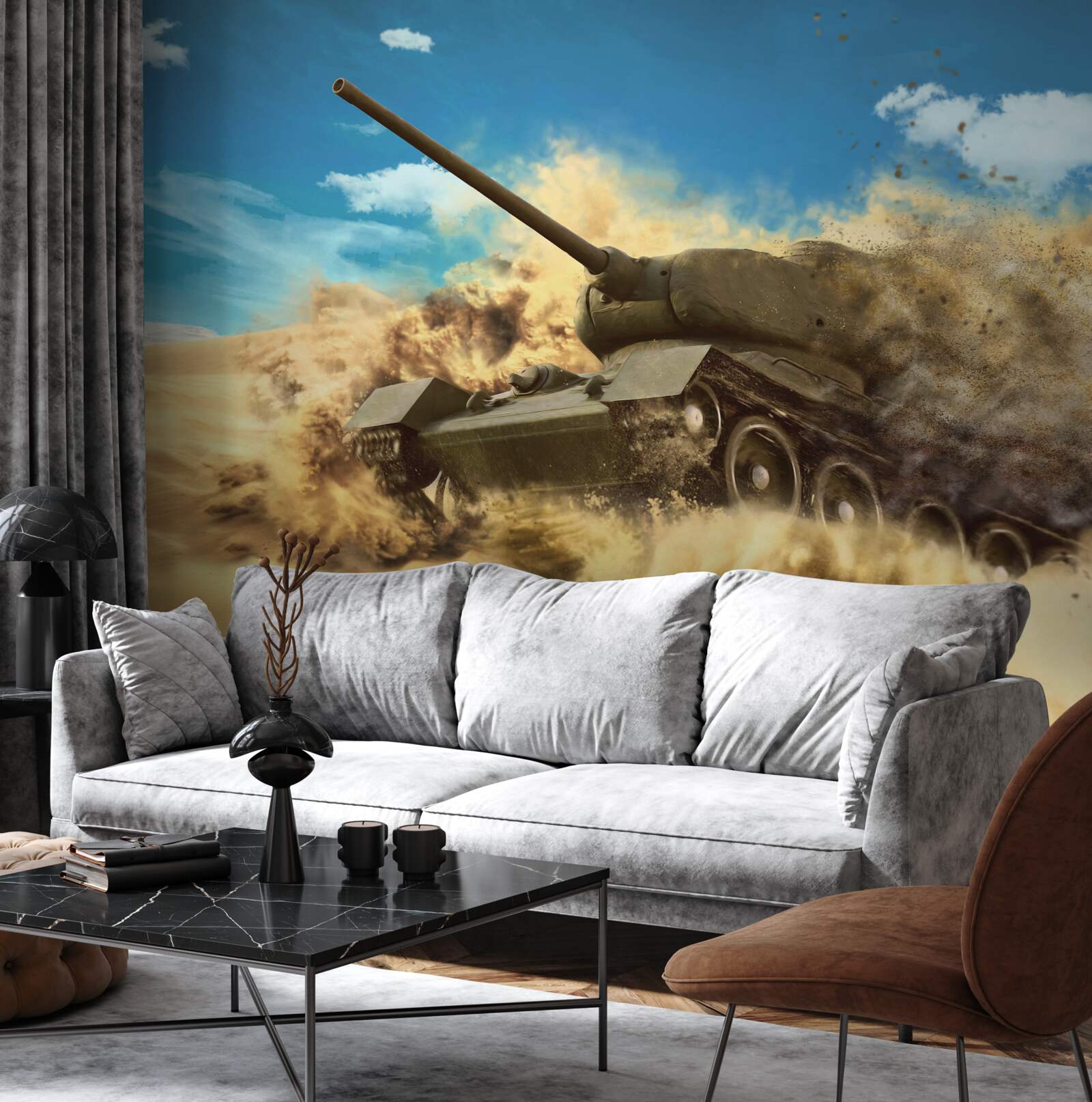 Fotobehang een tank beweegt op een zanderig oppervlak