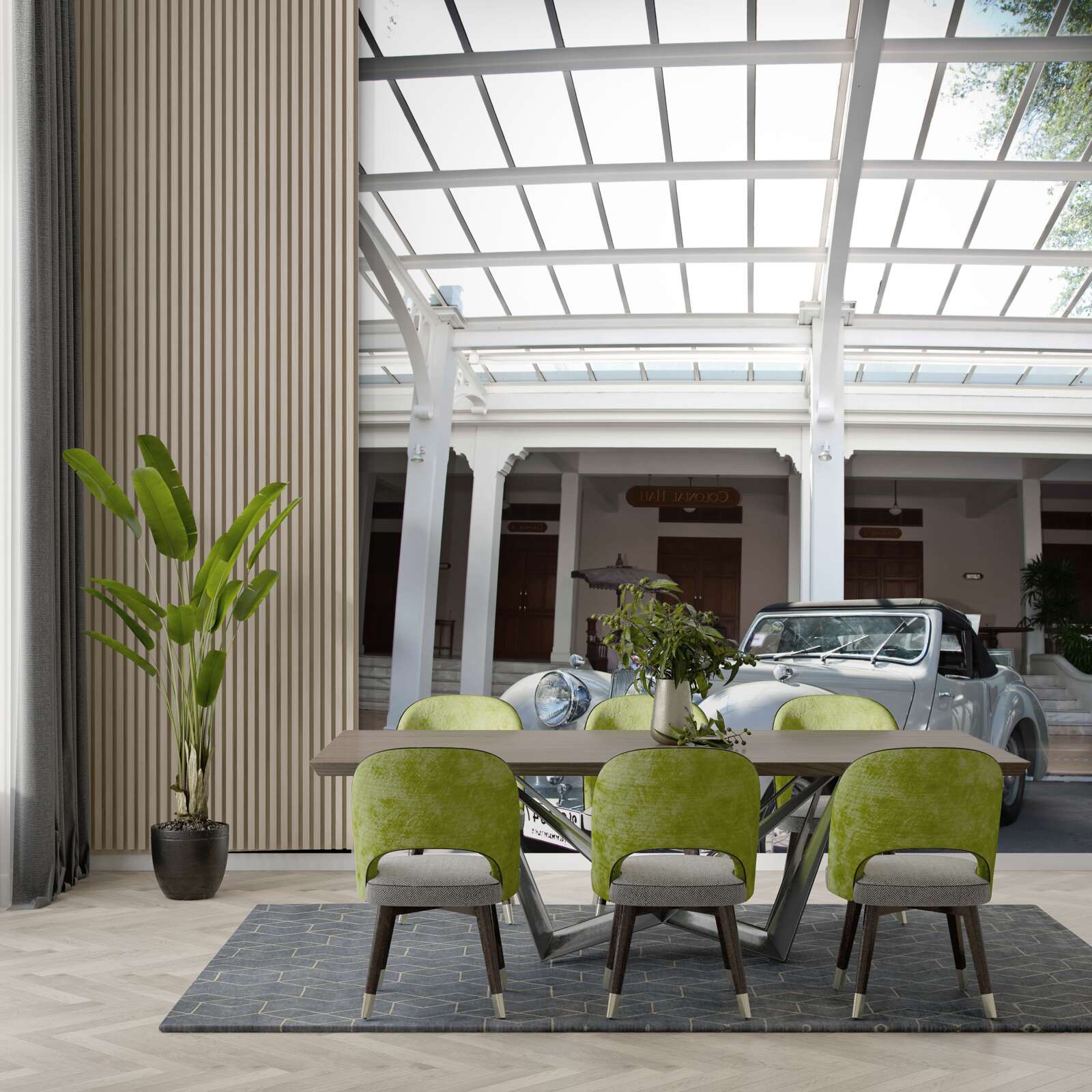 Fotobehang oude grijze auto bij het gebouw