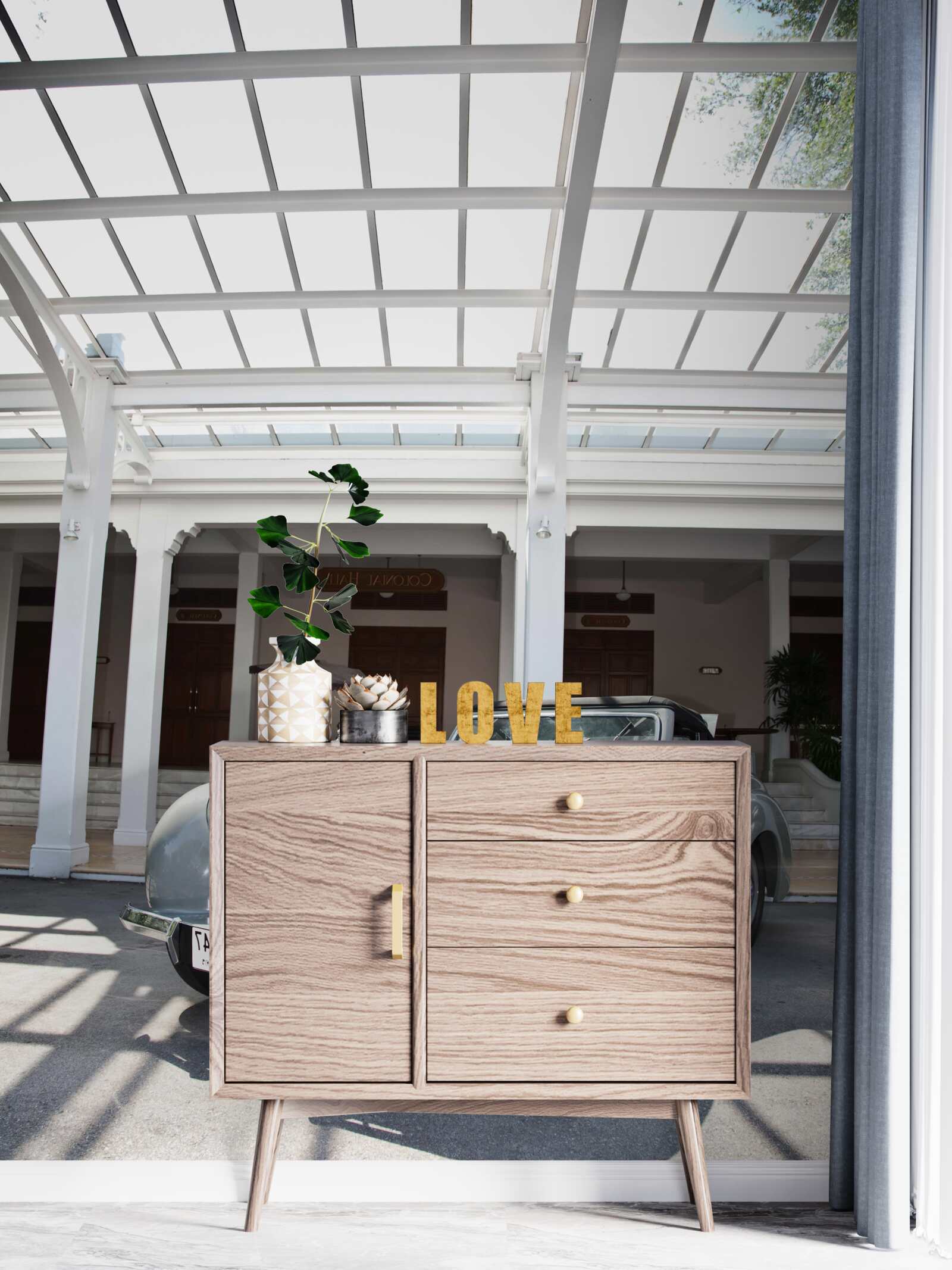 Fotobehang oude grijze auto bij het gebouw