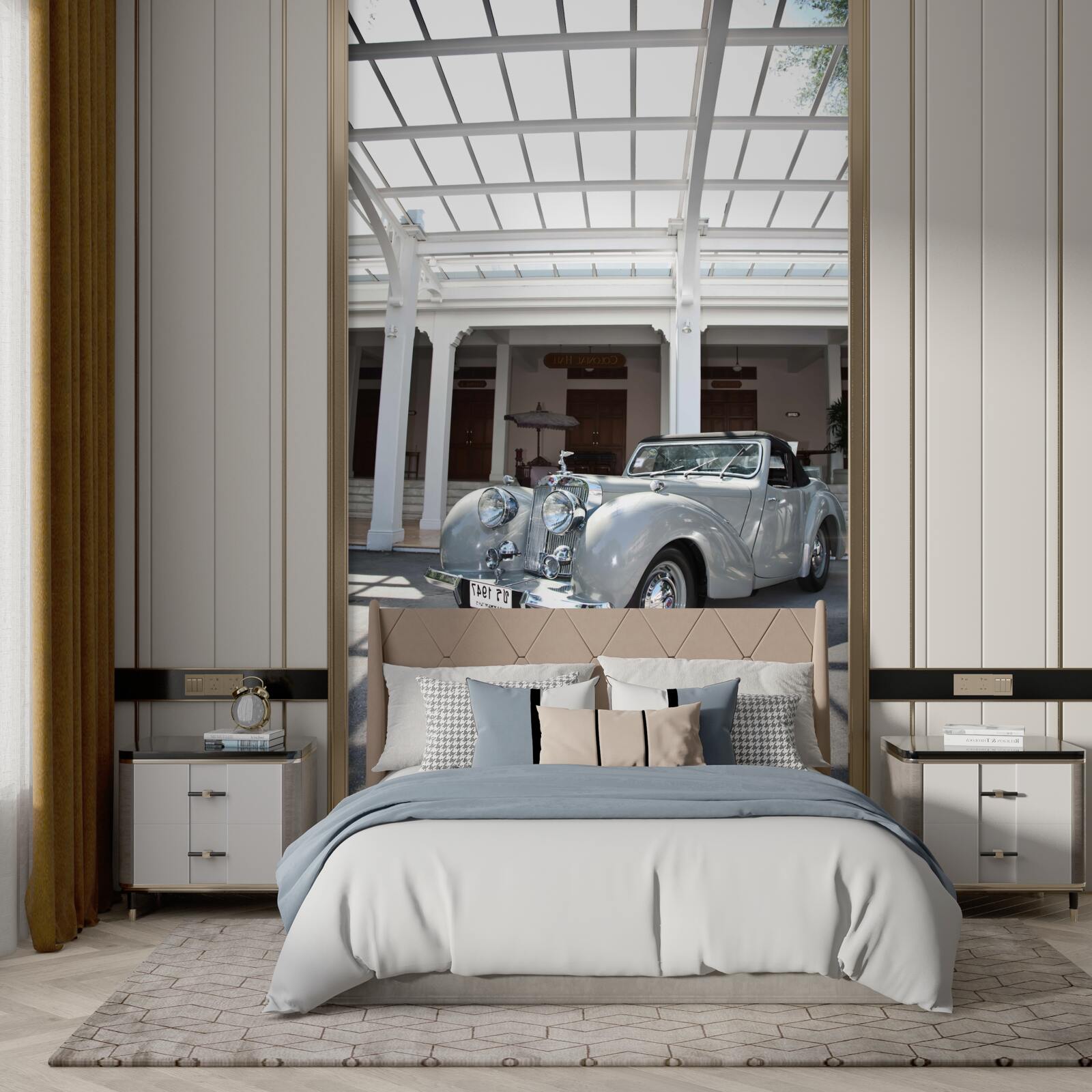 Fotobehang oude grijze auto bij het gebouw