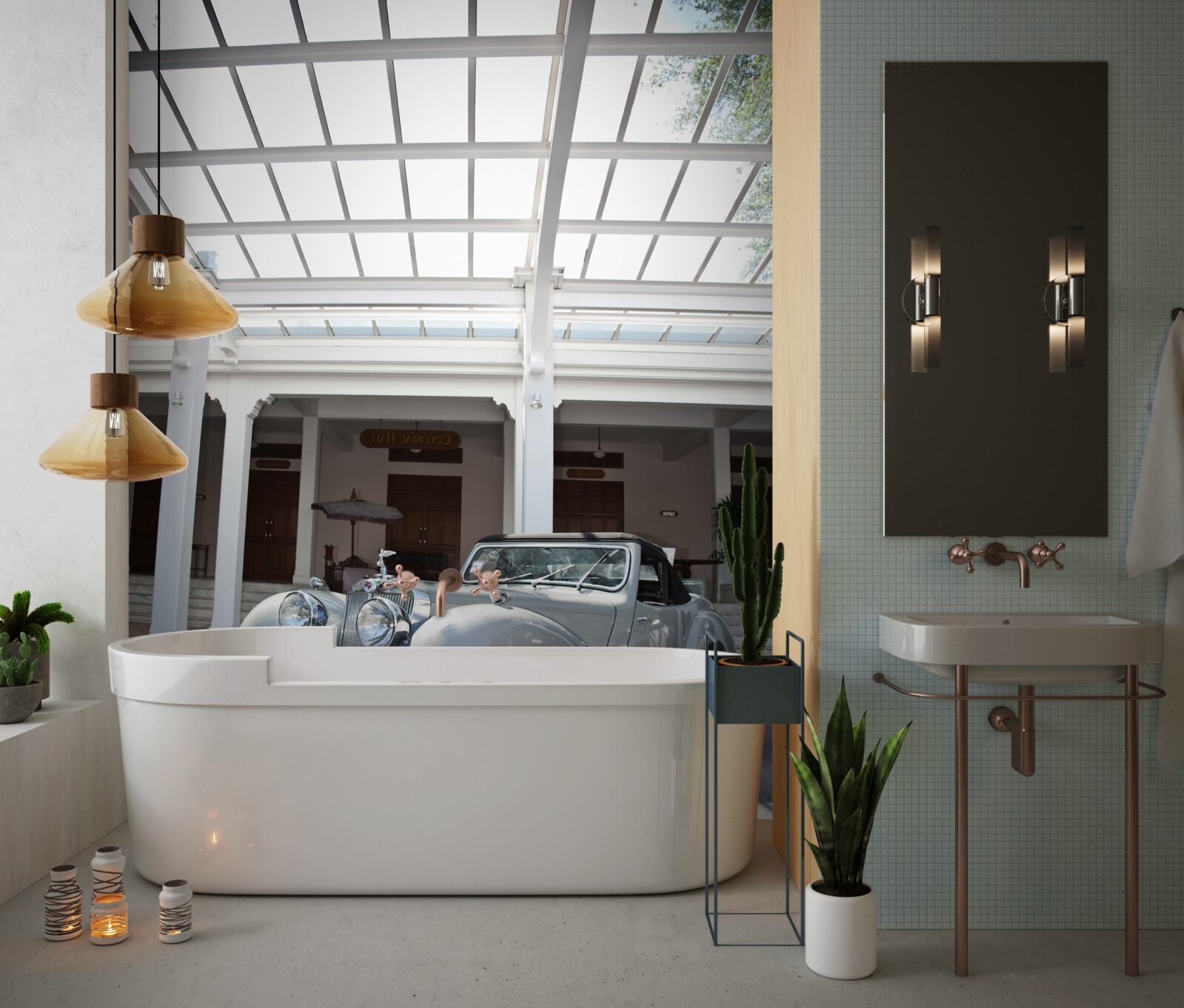 Fotobehang oude grijze auto bij het gebouw