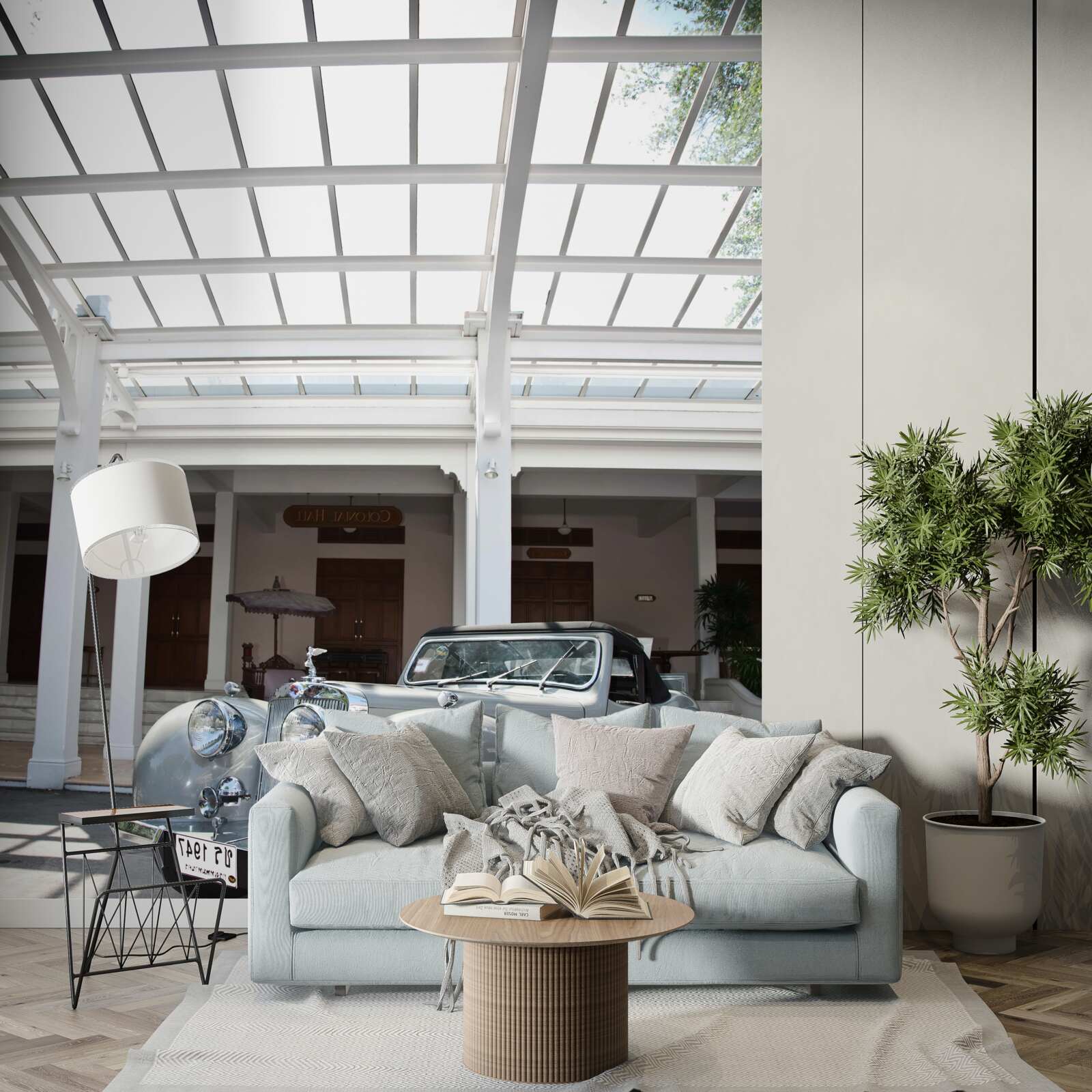 Fotobehang oude grijze auto bij het gebouw