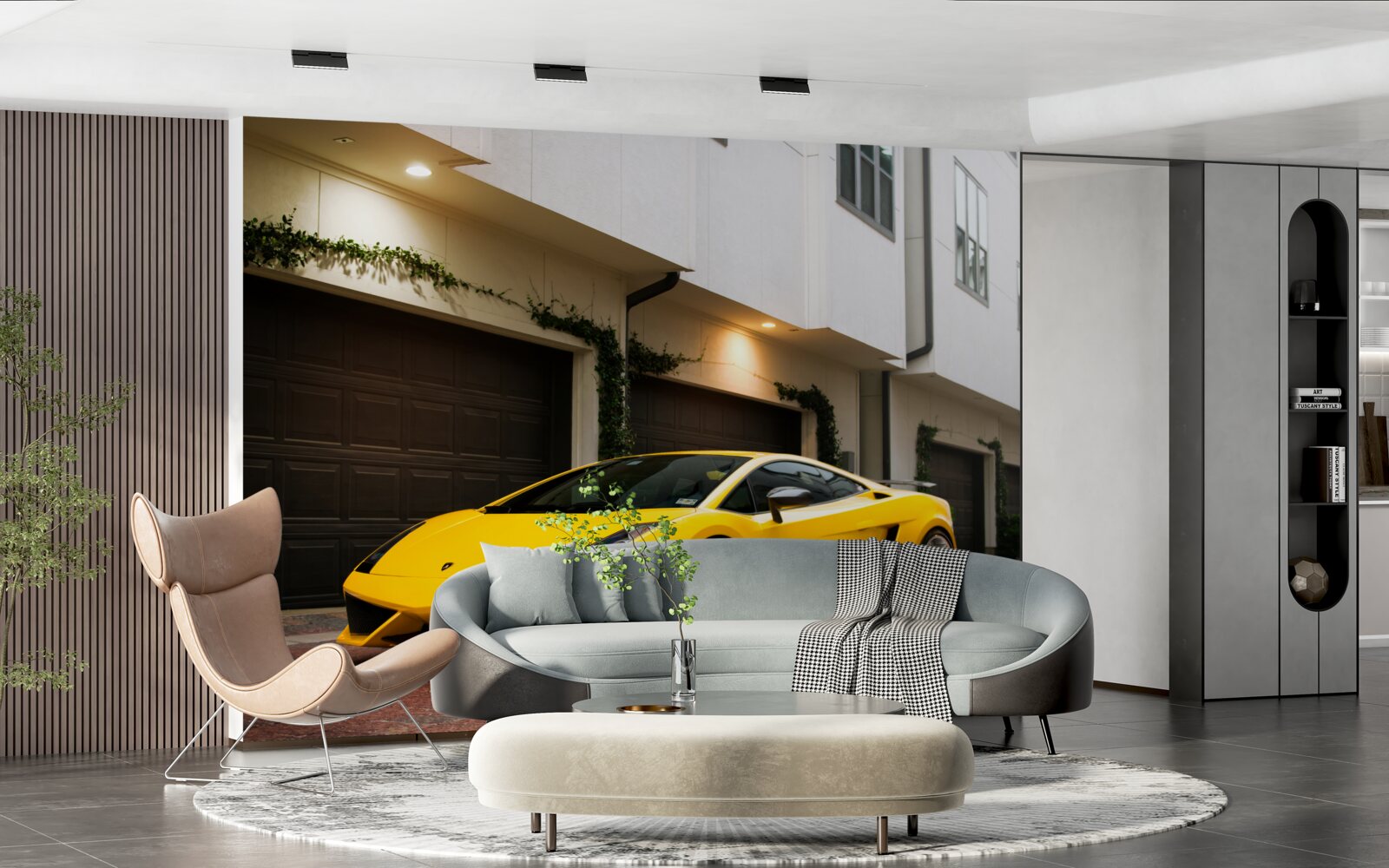 Fotobehang stijlvolle gele auto bij het huis