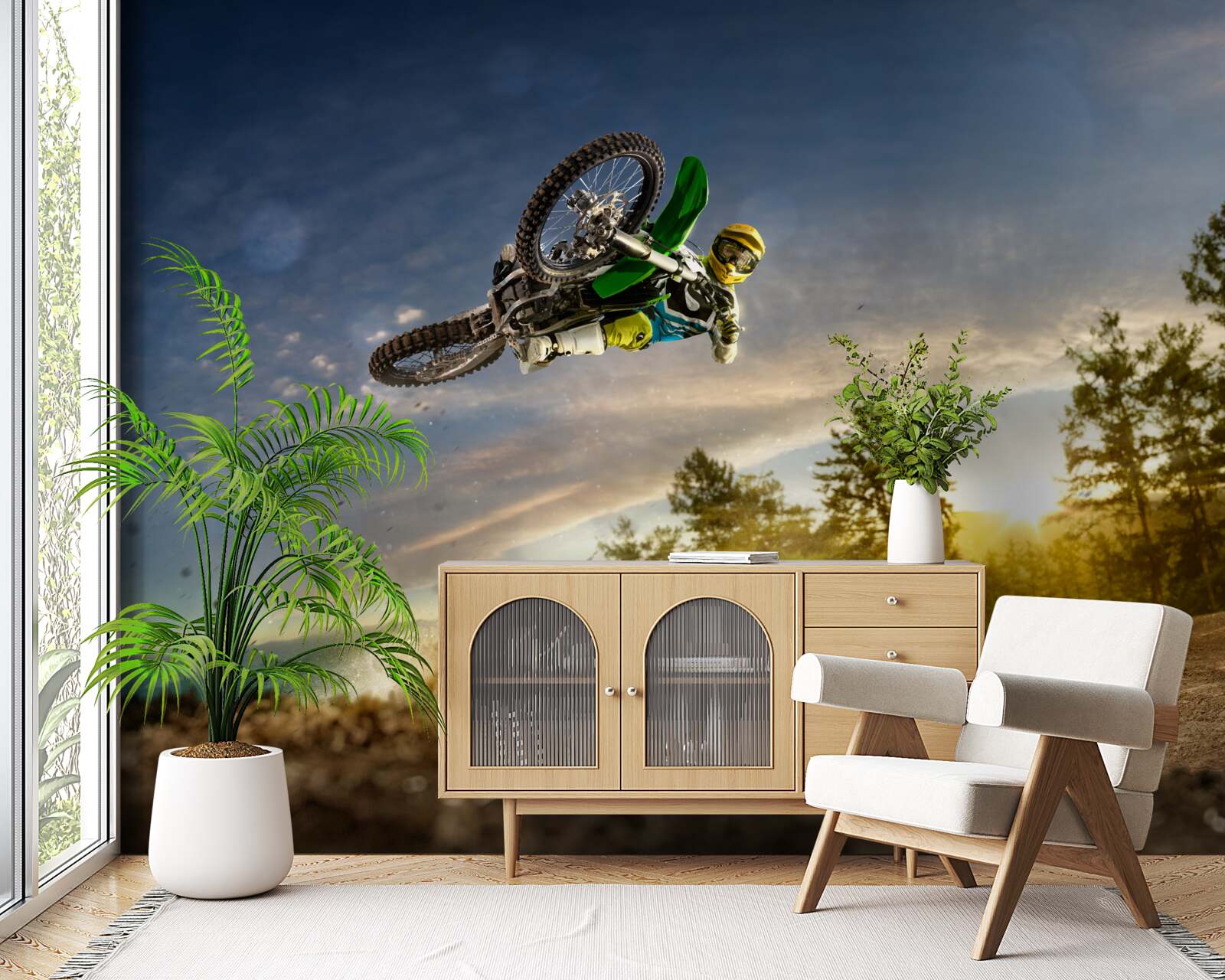 Fotobehang springen op een motor bij zonsondergang