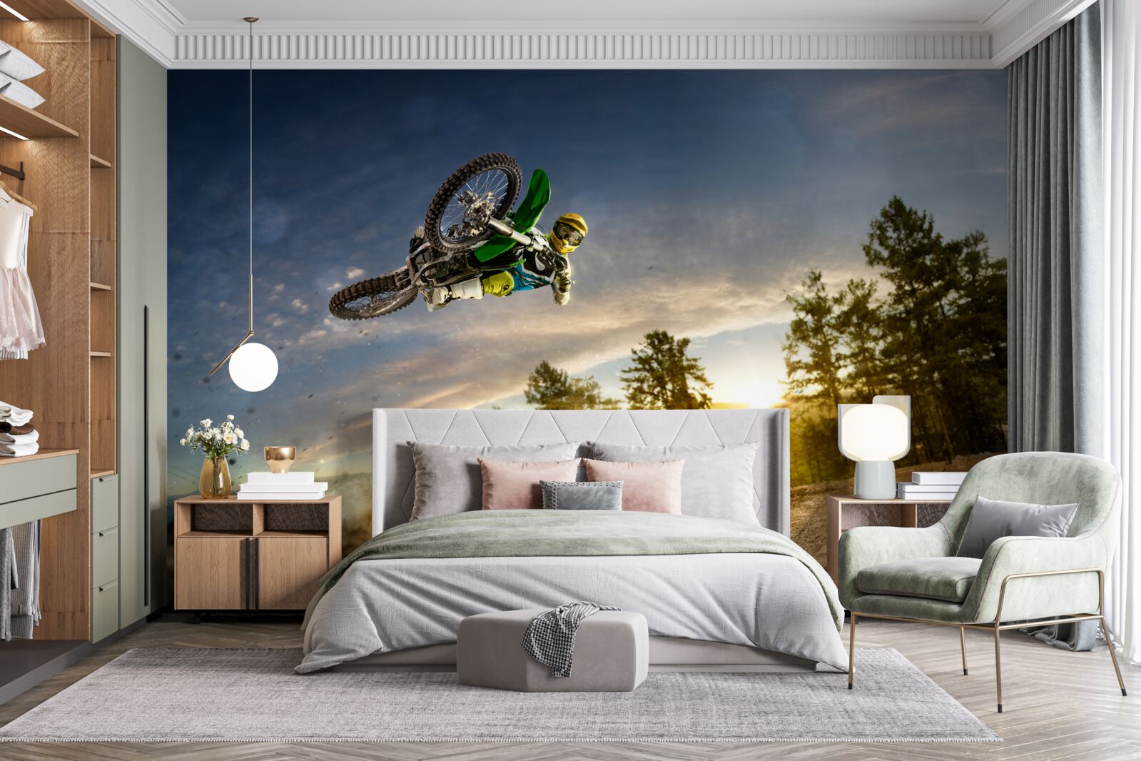 Fotobehang springen op een motor bij zonsondergang