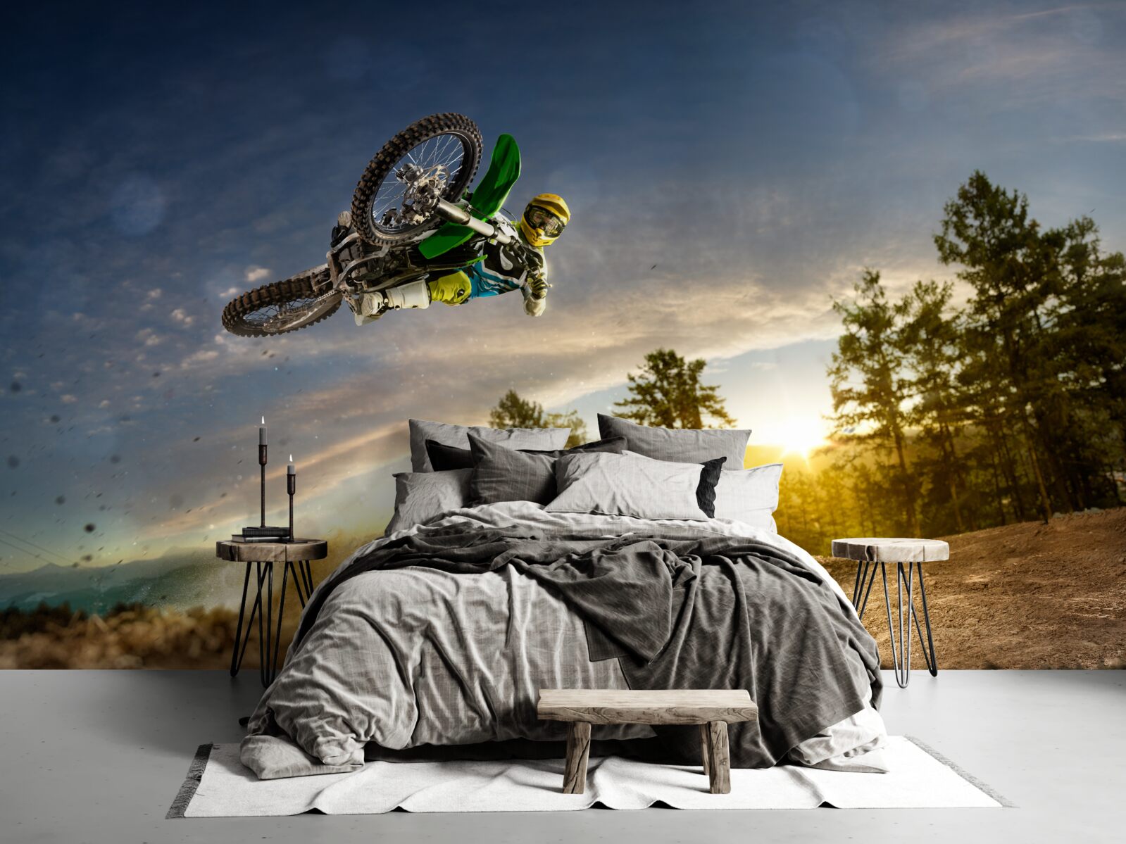 Fotobehang springen op een motor bij zonsondergang