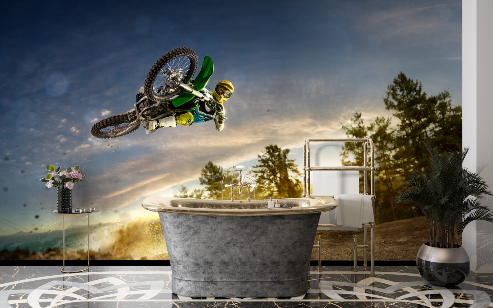 Fotobehang springen op een motor bij zonsondergang