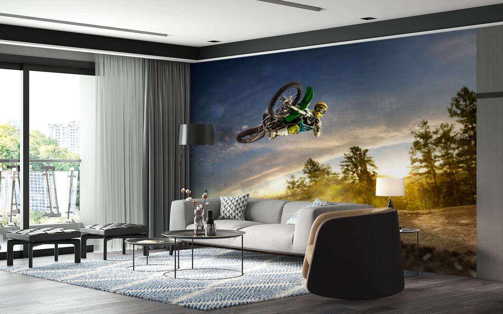 Fotobehang springen op een motor bij zonsondergang