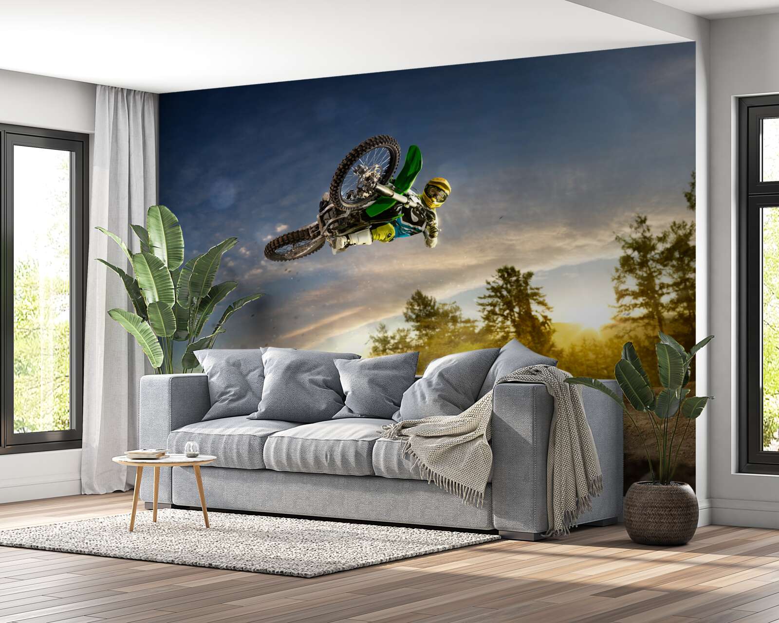 Fotobehang springen op een motor bij zonsondergang