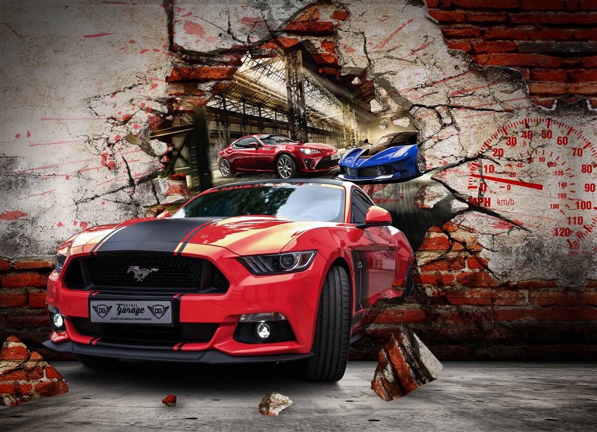 Fotobehang rode auto in de muur