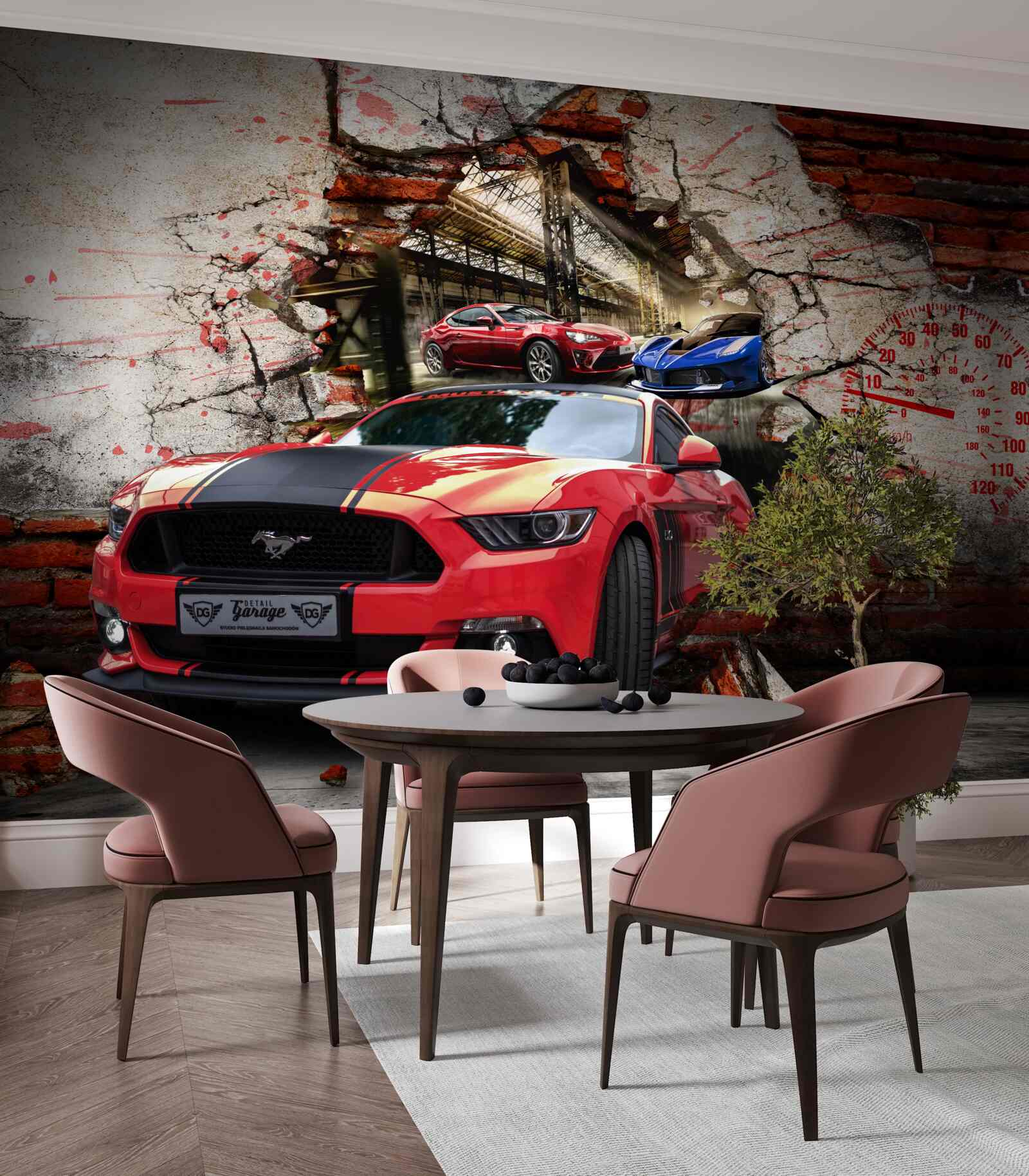 Fotobehang rode auto in de muur