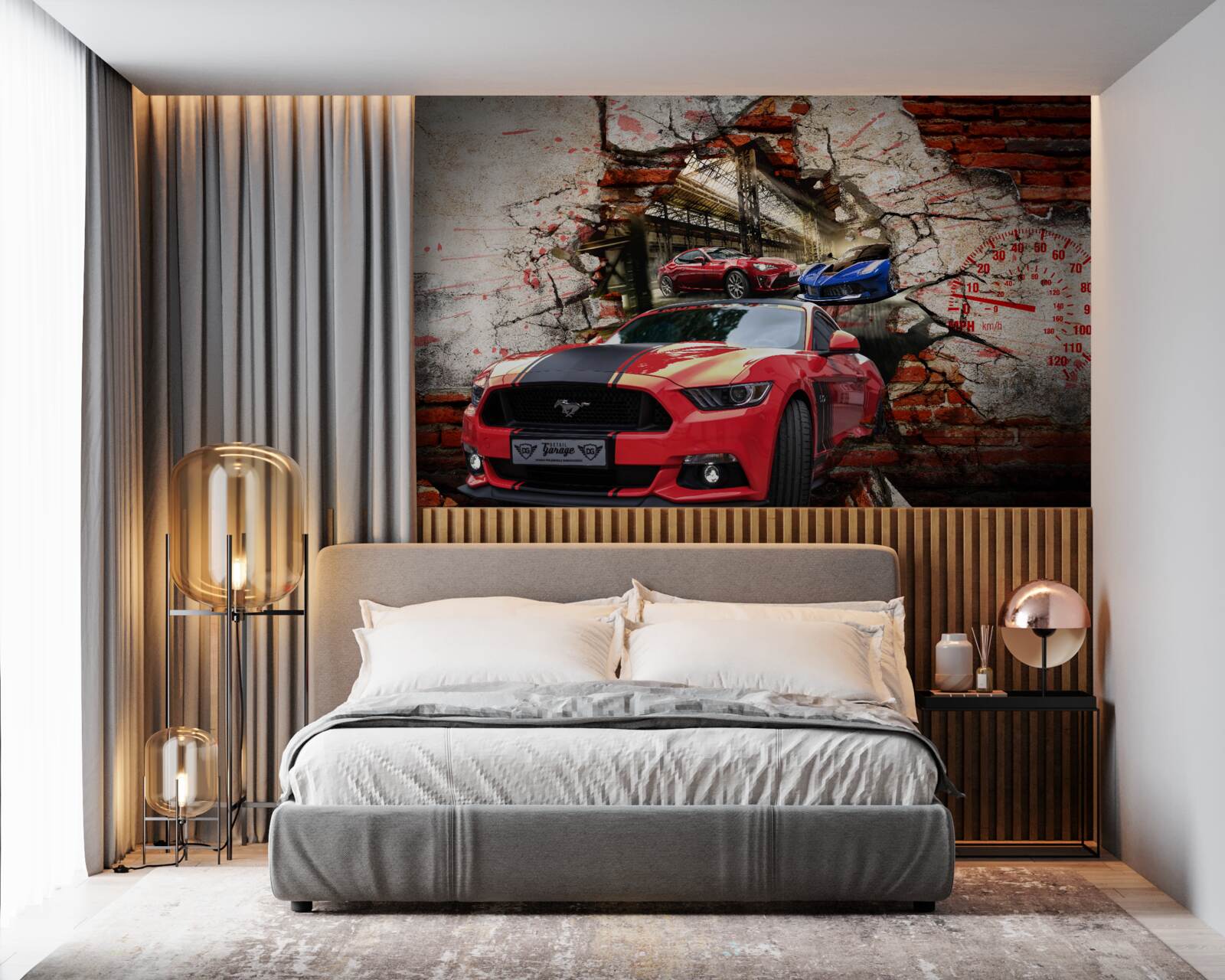 Fotobehang rode auto in de muur