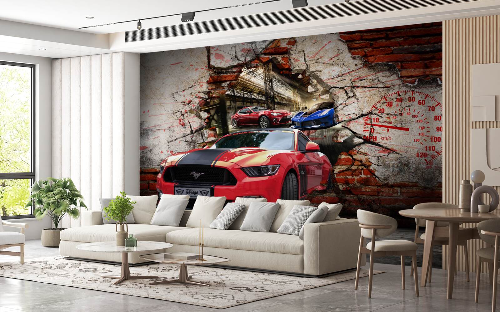 Fotobehang rode auto in de muur