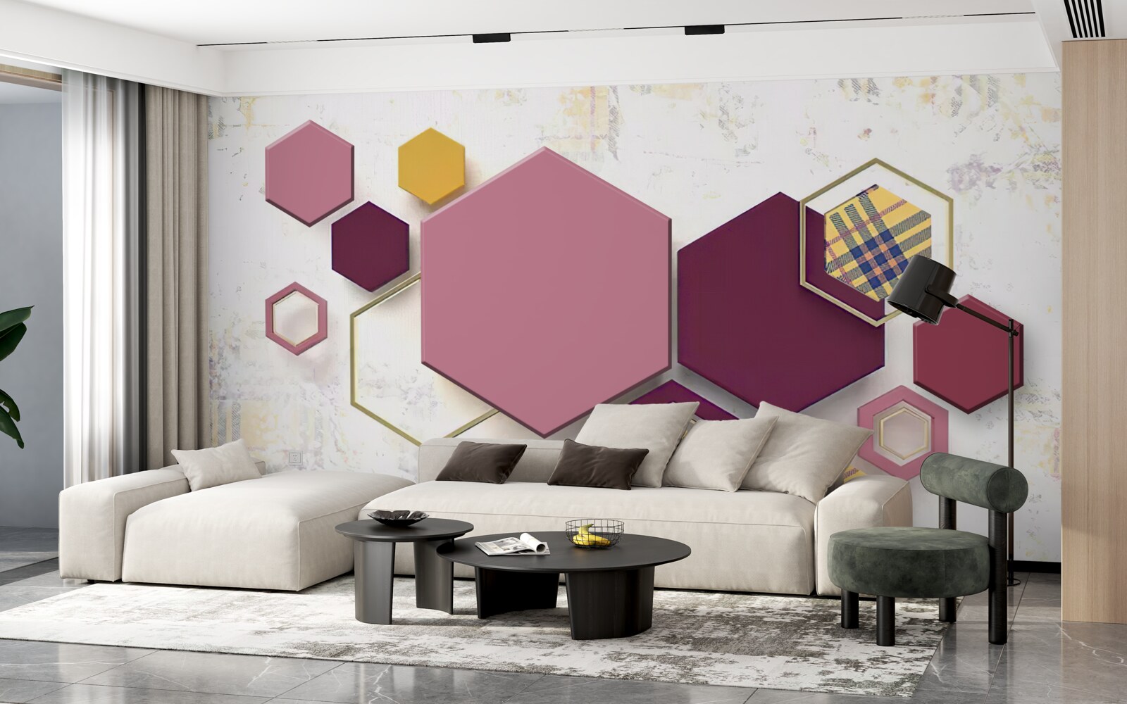 Fotobehang vijfhoekige vormen met vulling