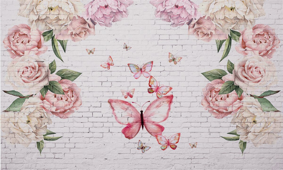 Fotobehang vlinder versierd met bloemen, gemaakt van chiffon