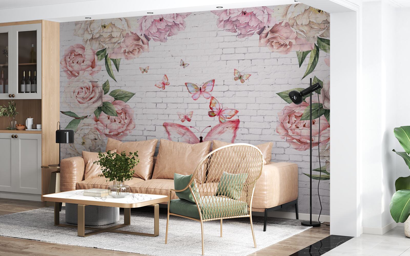 Fotobehang vlinder versierd met bloemen, gemaakt van chiffon