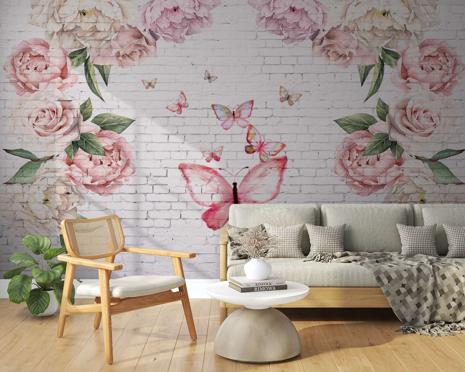 Fotobehang vlinder versierd met bloemen, gemaakt van chiffon