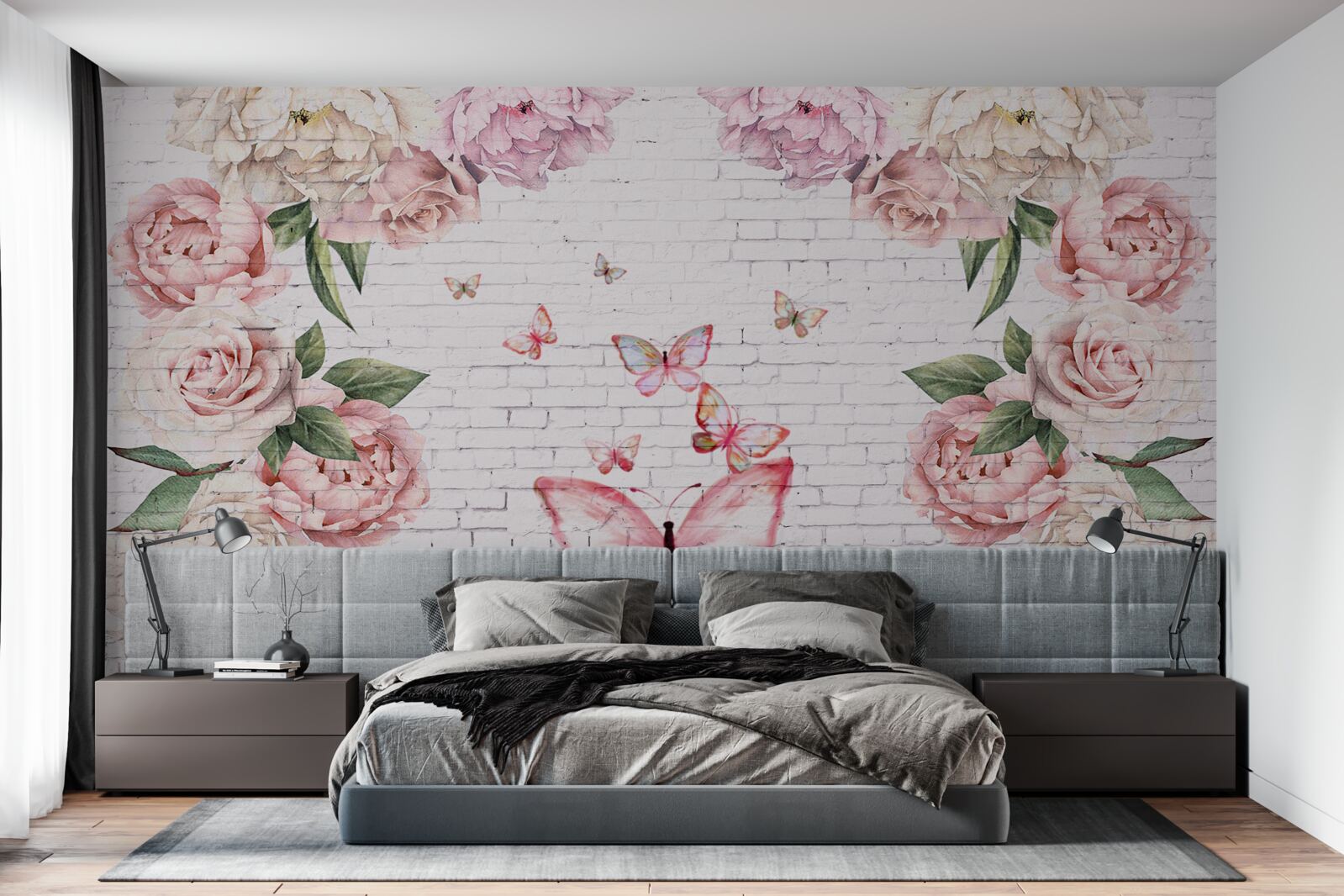 Fotobehang vlinder versierd met bloemen, gemaakt van chiffon