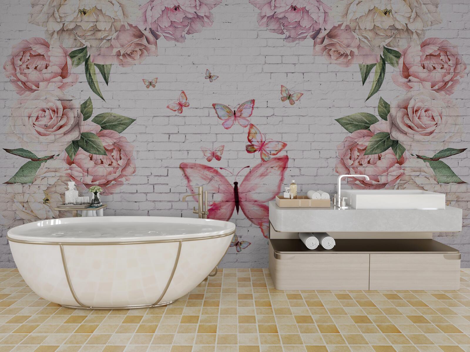 Fotobehang vlinder versierd met bloemen, gemaakt van chiffon