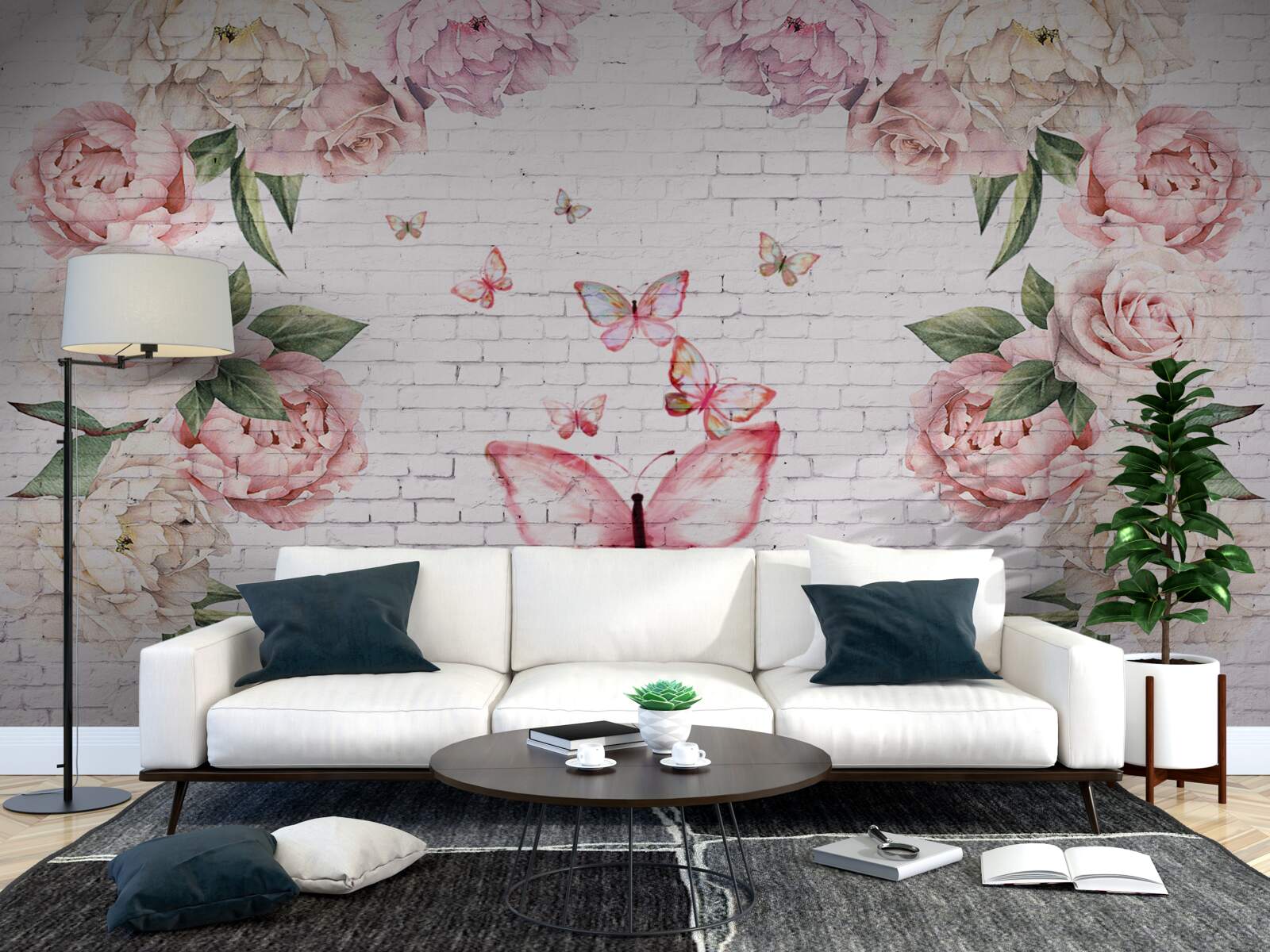 Fotobehang vlinder versierd met bloemen, gemaakt van chiffon