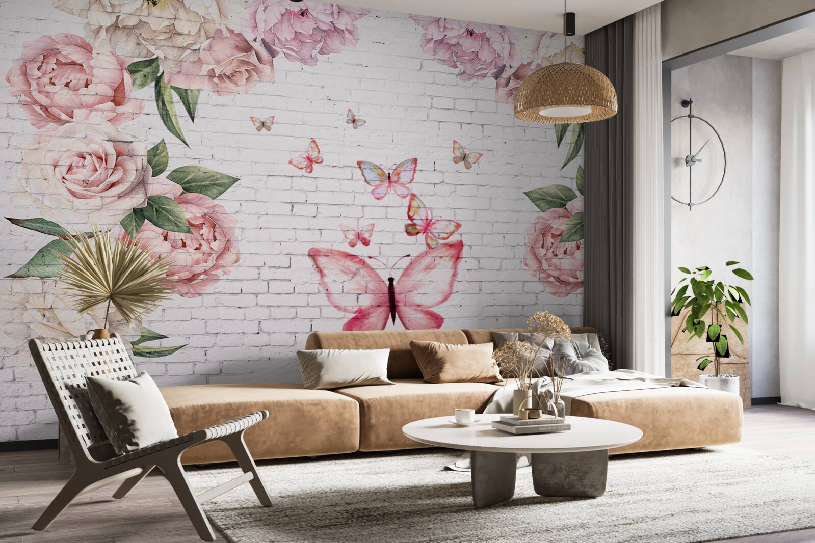 Fotobehang vlinder versierd met bloemen, gemaakt van chiffon