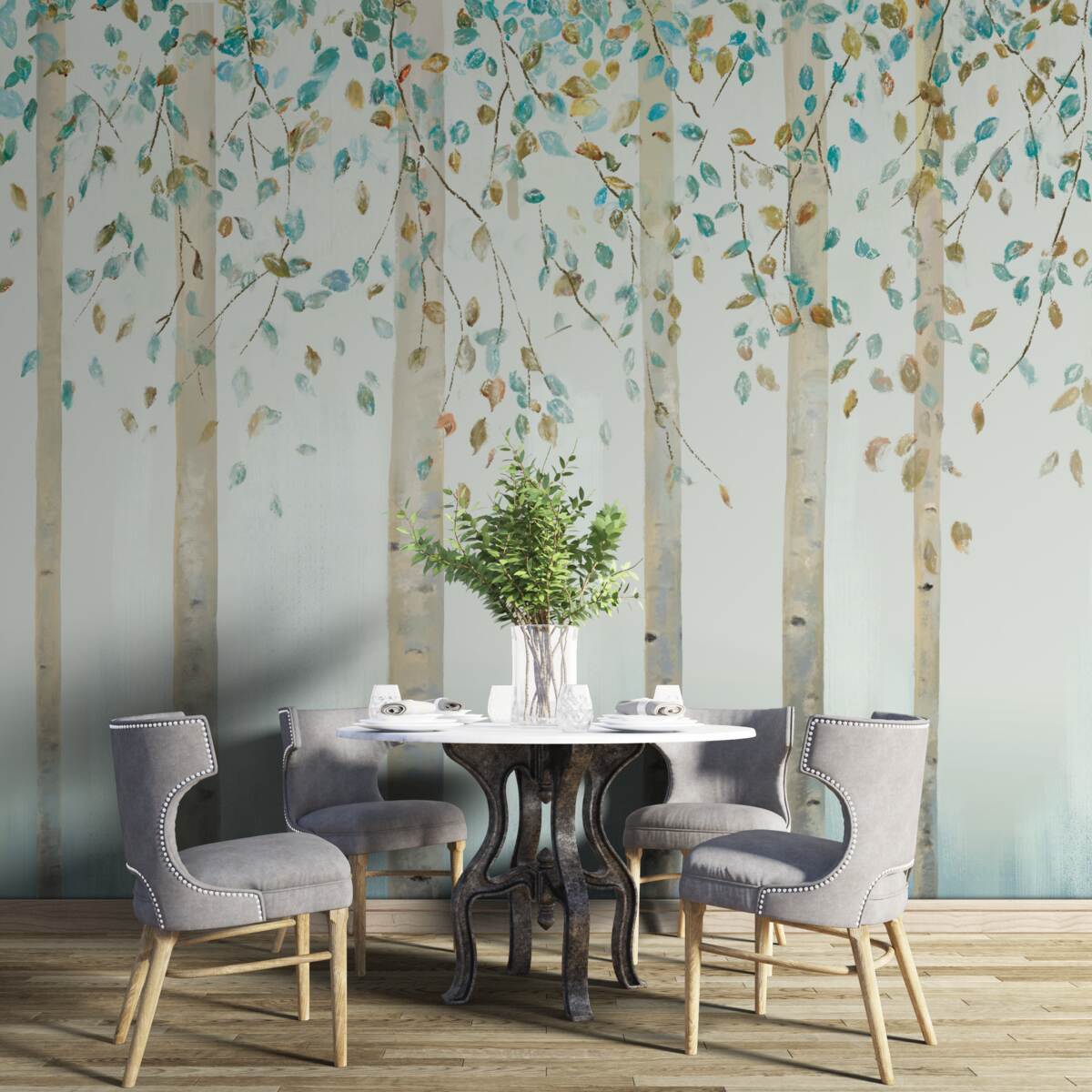 Fotobehang dunne berken in stoom