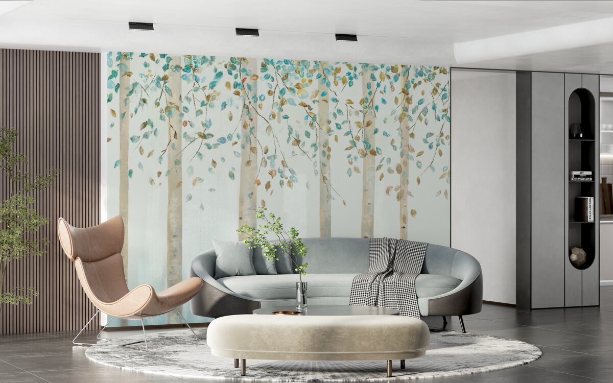 Fotobehang dunne berken in stoom