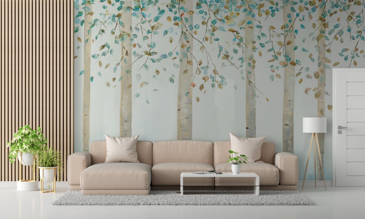 Fotobehang dunne berken in stoom