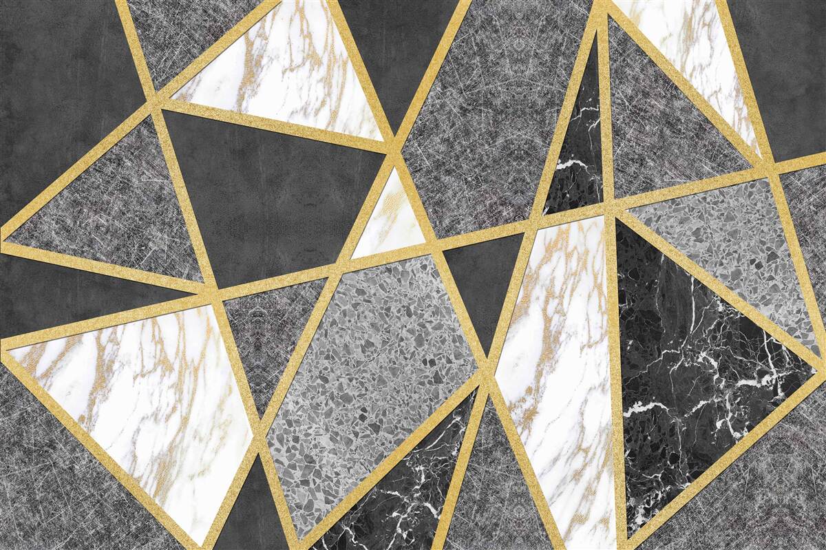 Fotobehang zwart-wit mozaïek met gouden accenten