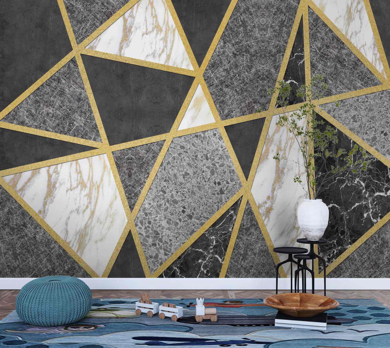 Fotobehang zwart-wit mozaïek met gouden accenten