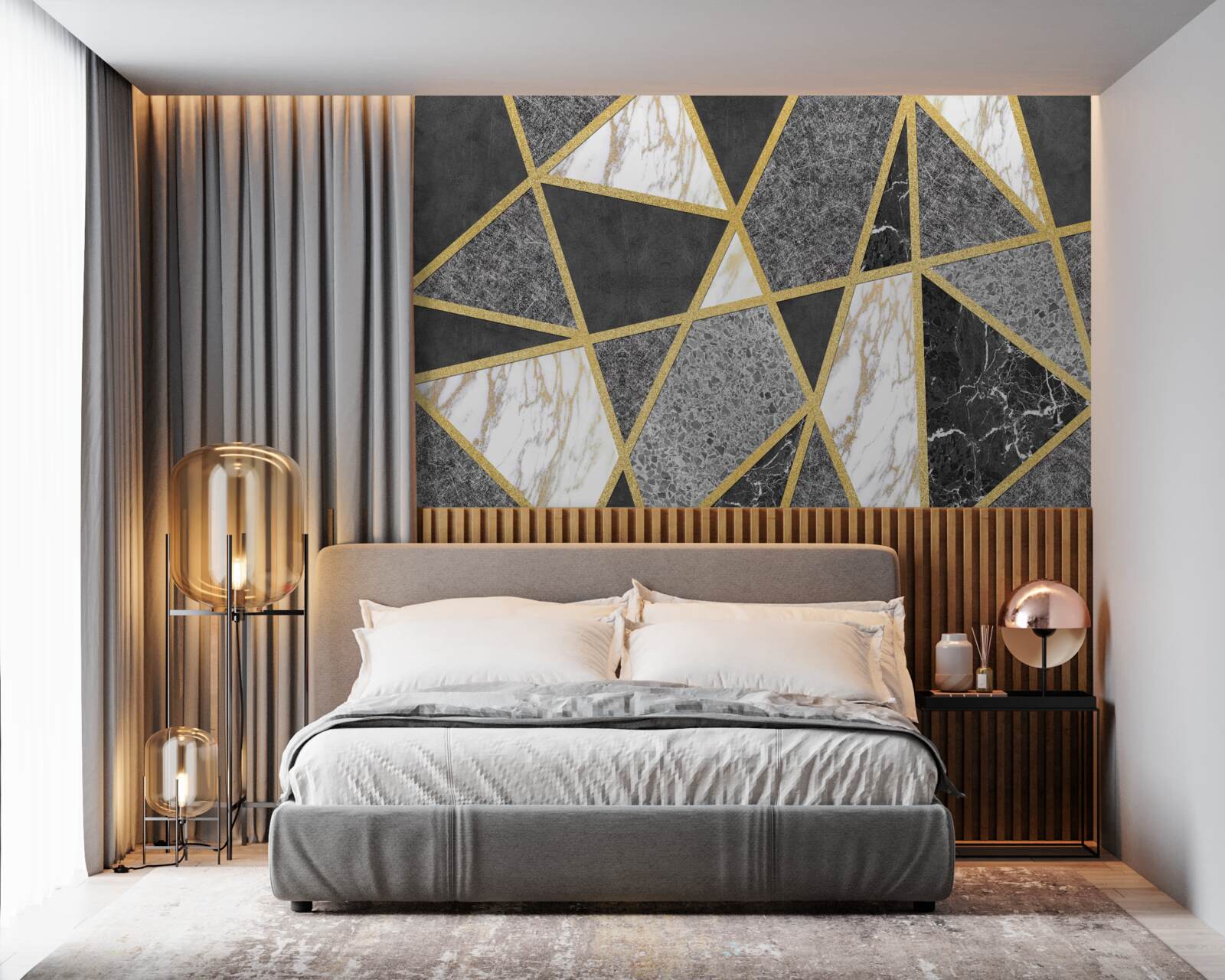 Fotobehang zwart-wit mozaïek met gouden accenten