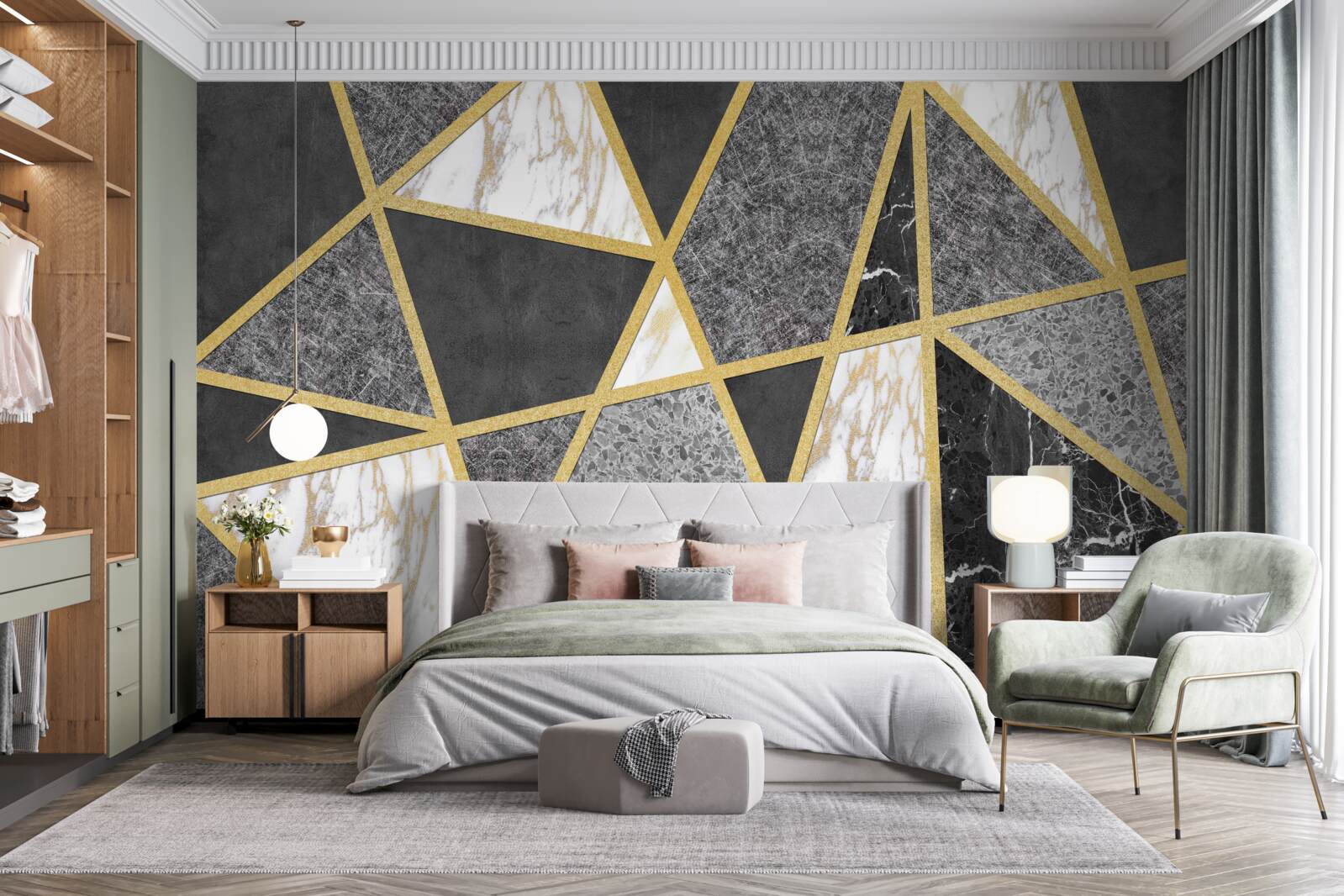 Fotobehang zwart-wit mozaïek met gouden accenten