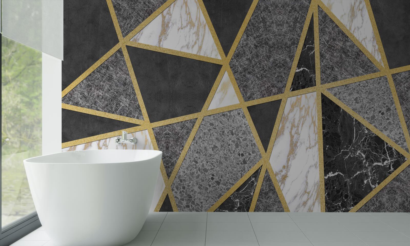 Fotobehang zwart-wit mozaïek met gouden accenten