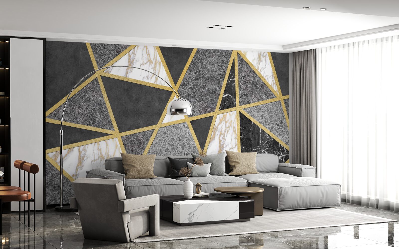 Fotobehang zwart-wit mozaïek met gouden accenten