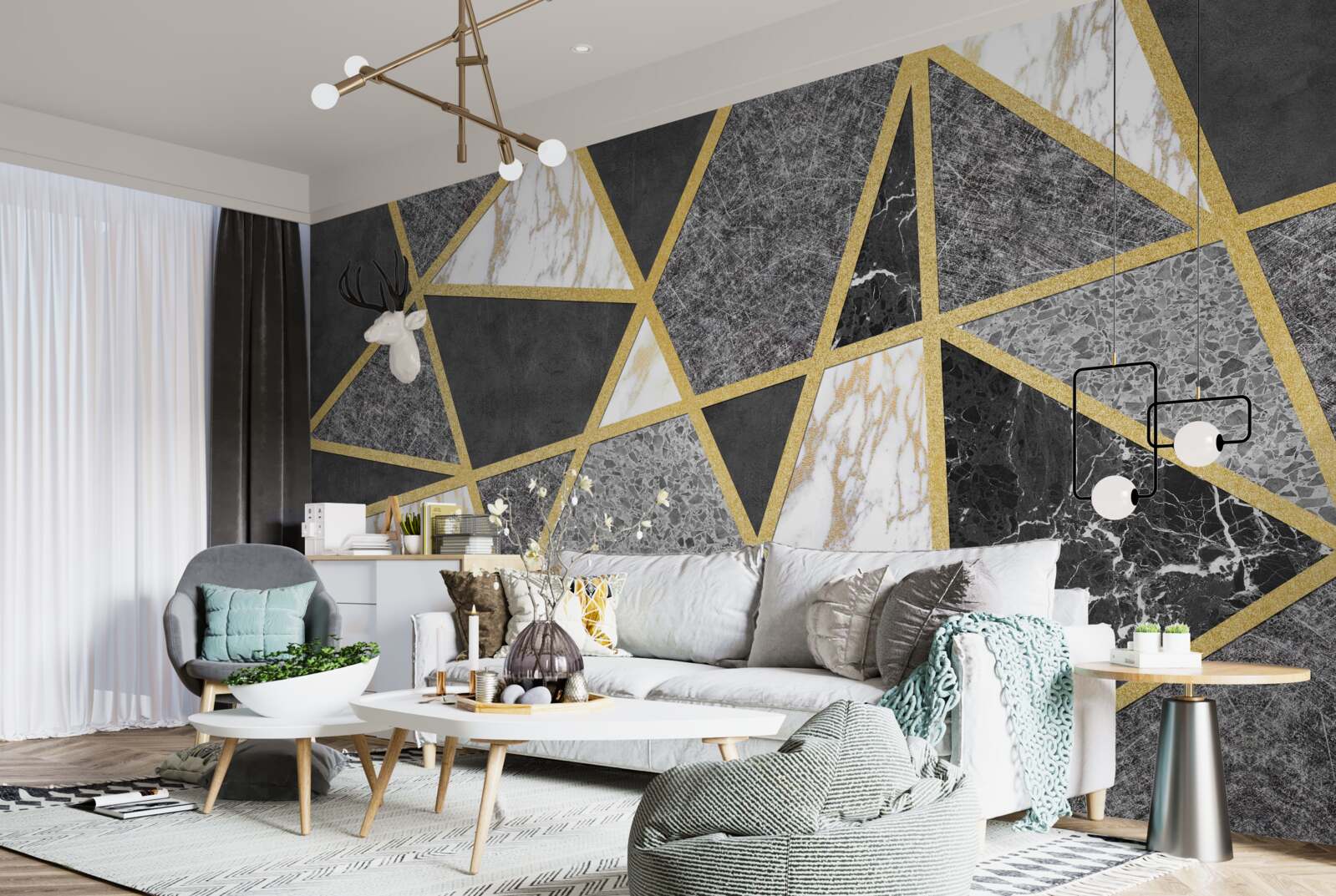 Fotobehang zwart-wit mozaïek met gouden accenten