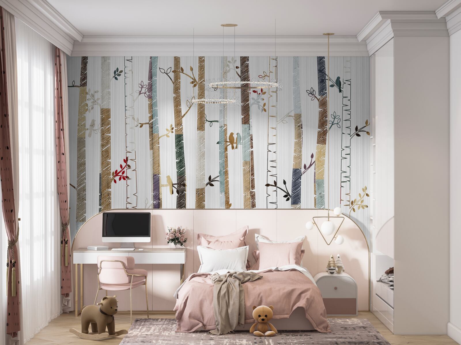 Fotobehang grafische weergave van de verschillende soorten bomen in het bos