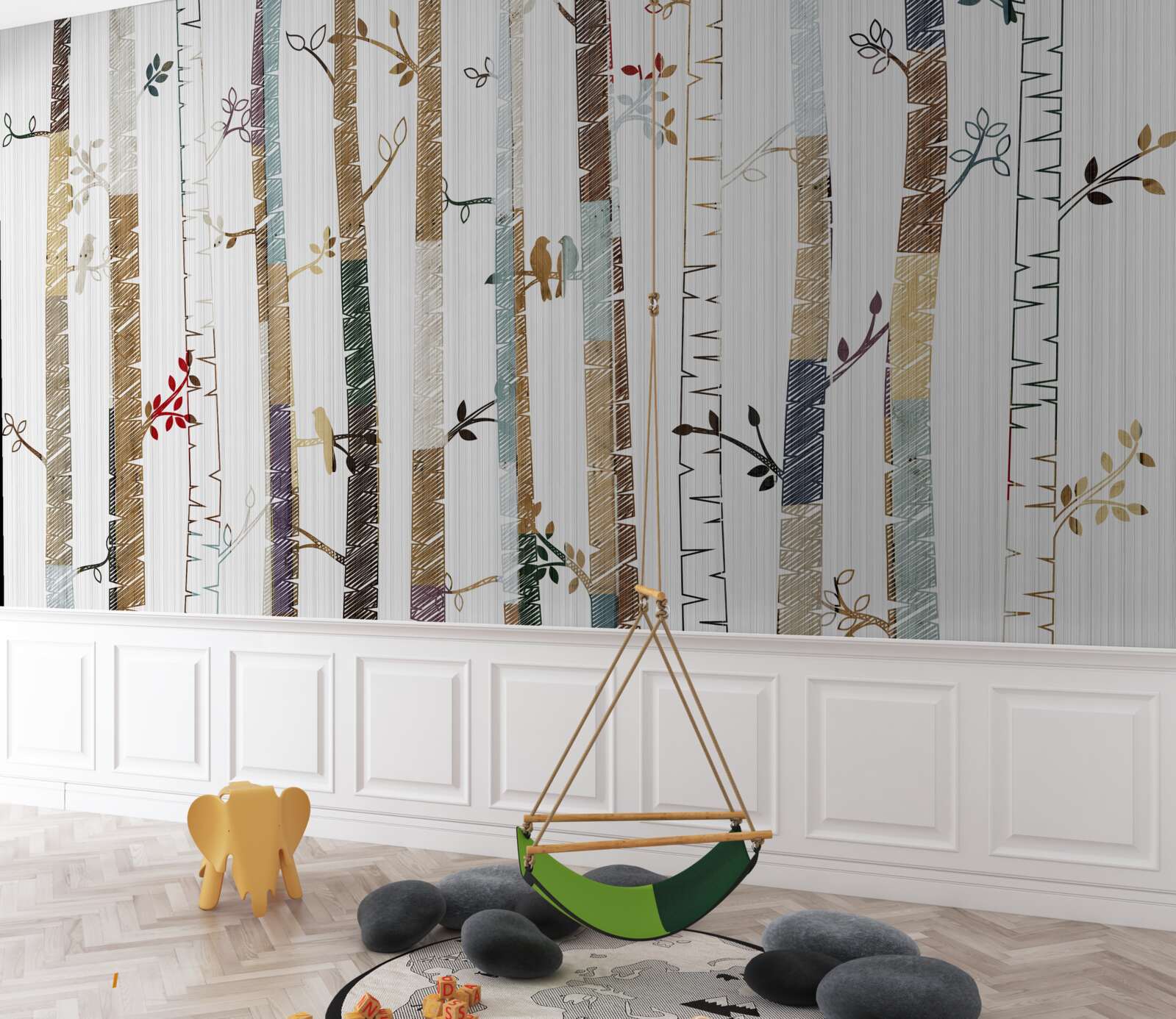 Fotobehang grafische weergave van de verschillende soorten bomen in het bos