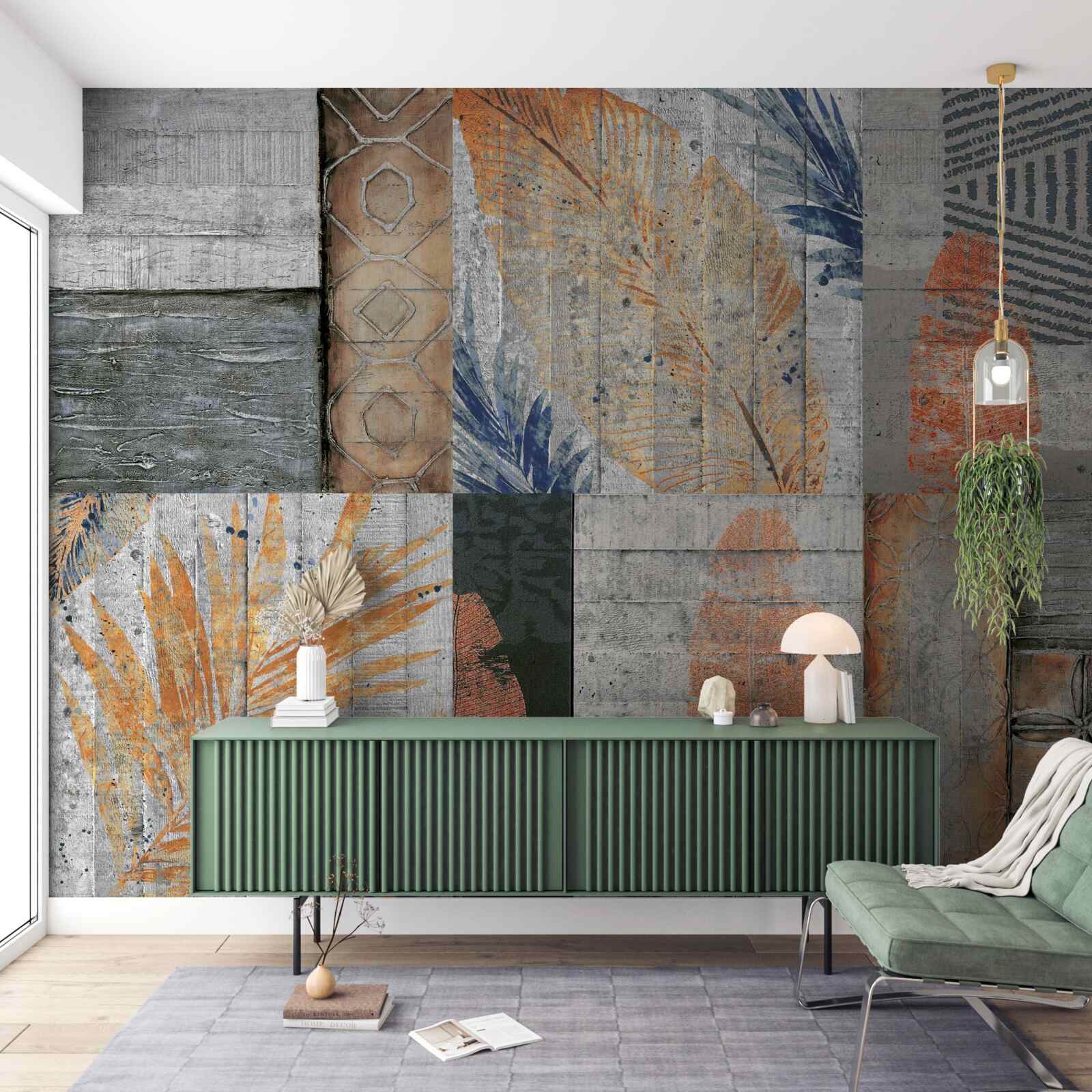 Fotobehang geometrische figuren in bladeren