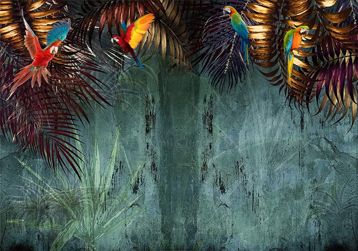 Fotobehang 's avonds zitten de papegaaien op tropische bladeren