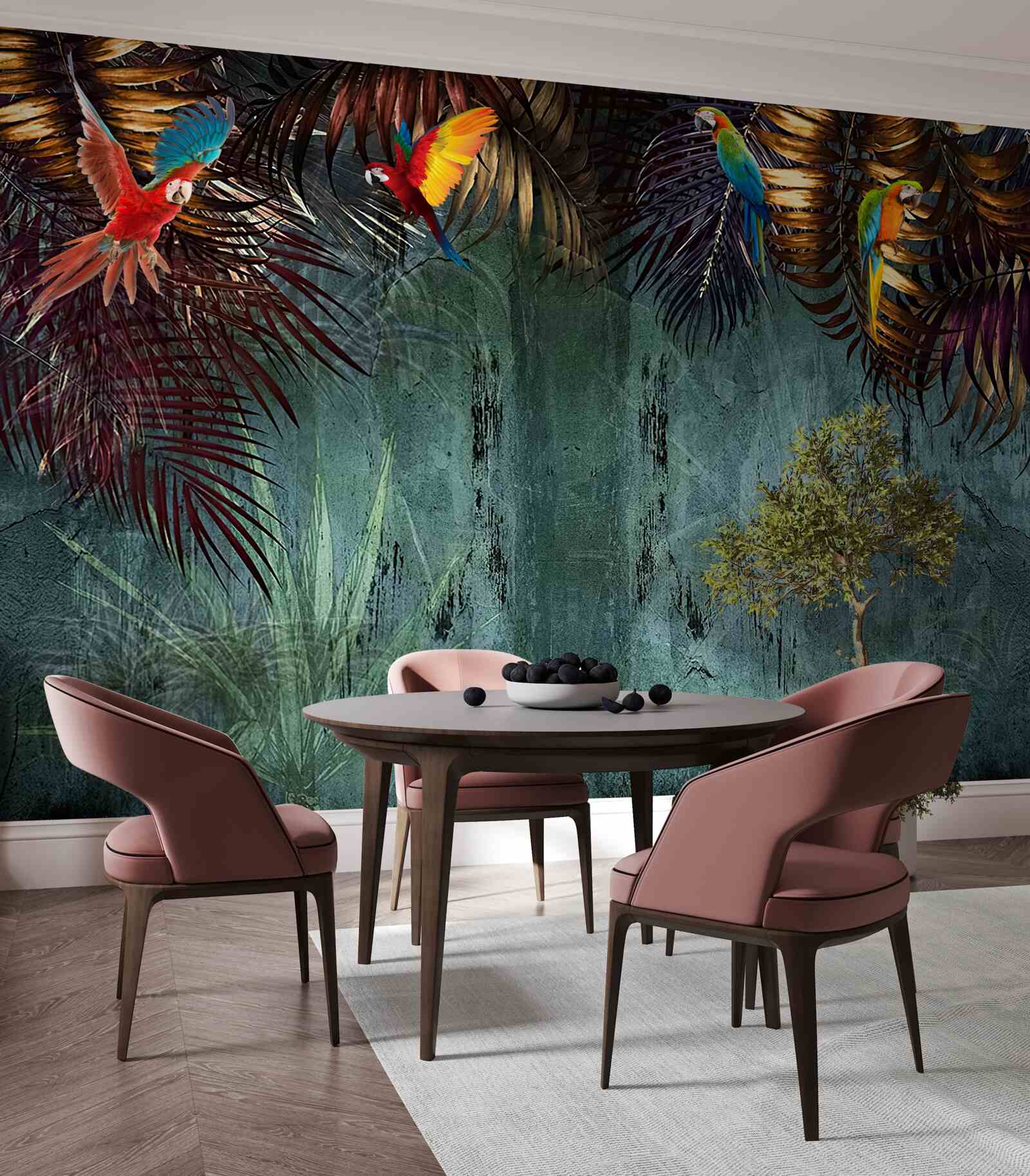 Fotobehang 's avonds zitten de papegaaien op tropische bladeren