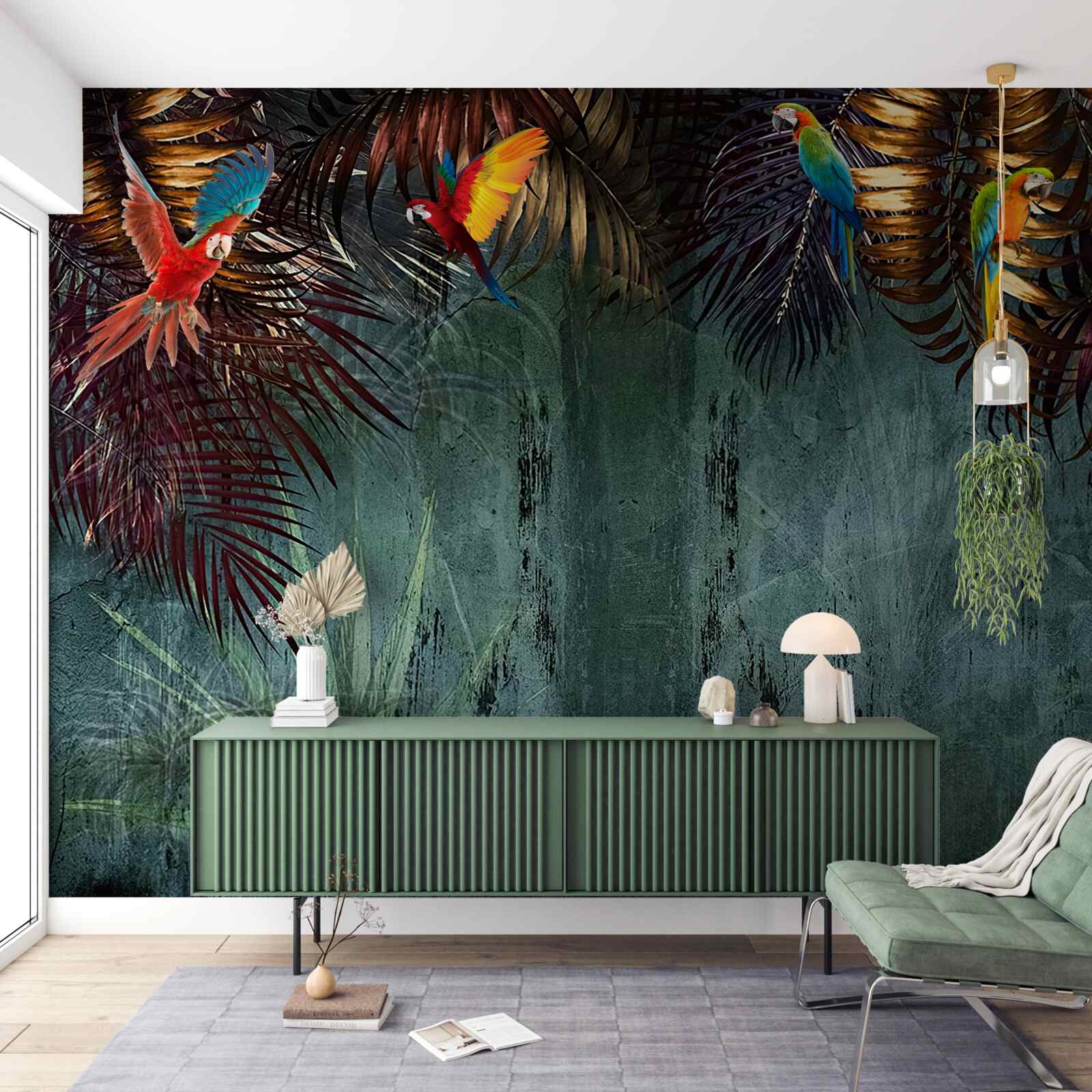 Fotobehang 's avonds zitten de papegaaien op tropische bladeren