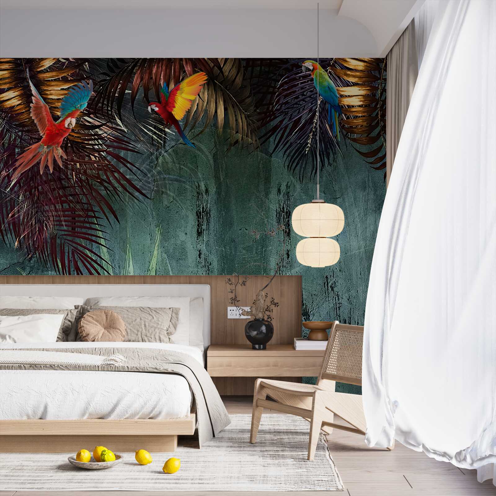 Fotobehang 's avonds zitten de papegaaien op tropische bladeren